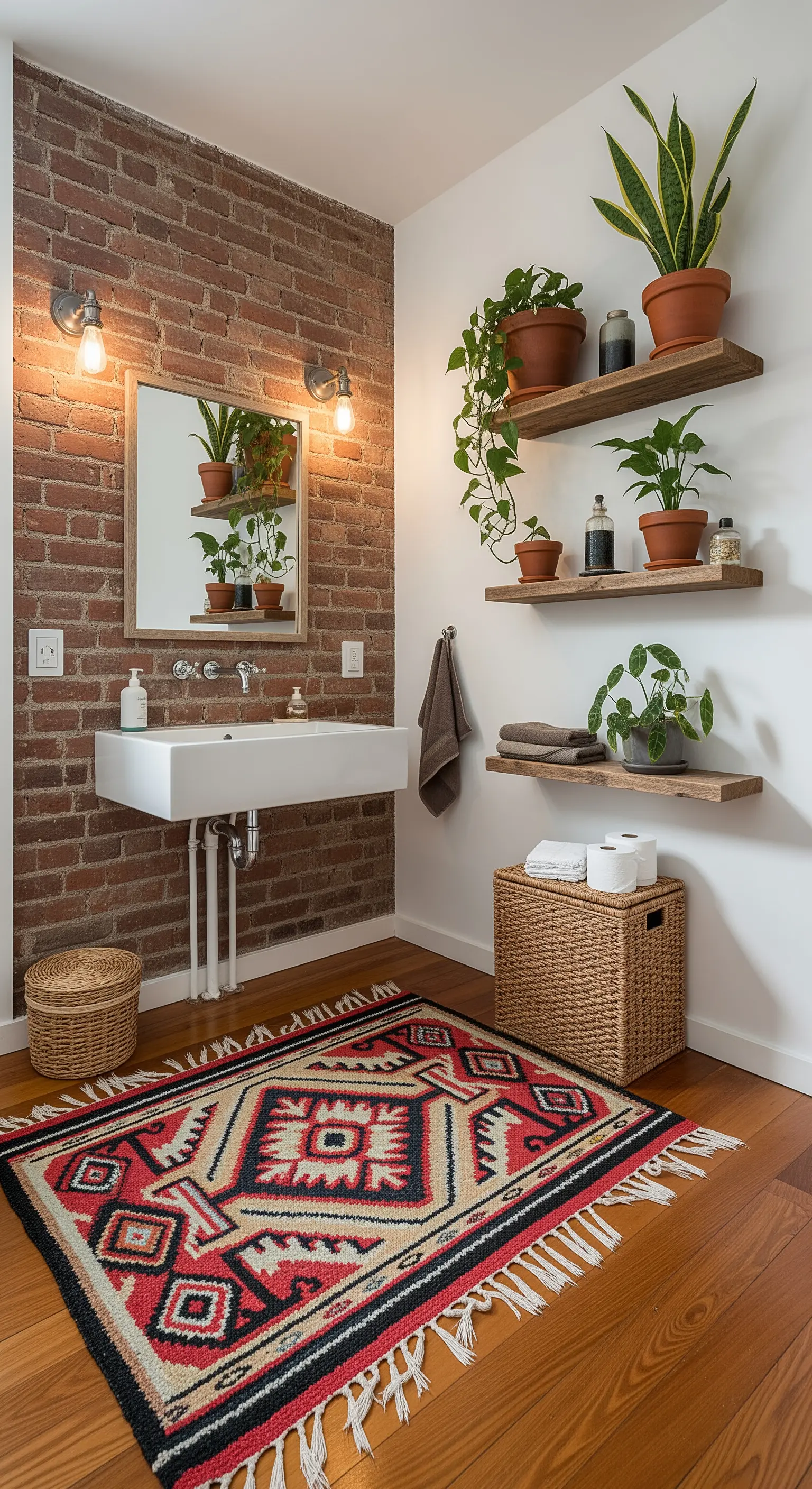 Bagno in stile industriale con parete di mattoni a vista e un tappeto kilim colorato.