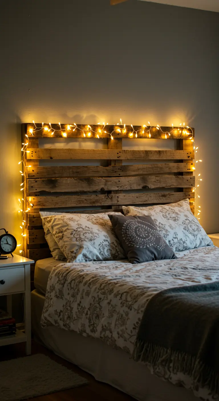 Testiera realizzata con pallet di legno e decorata con una cornice di luci calde.