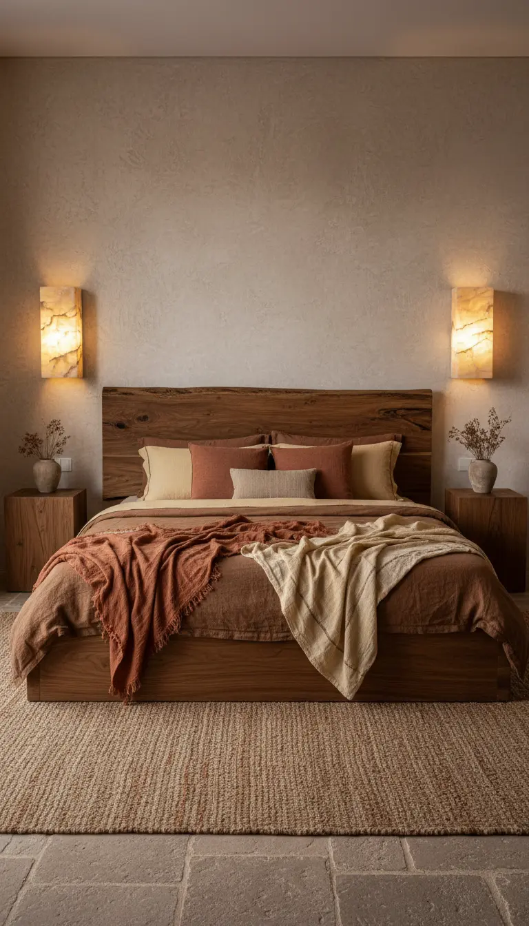 Letto basso in legno scuro con biancheria color terracotta e applique in alabastro.