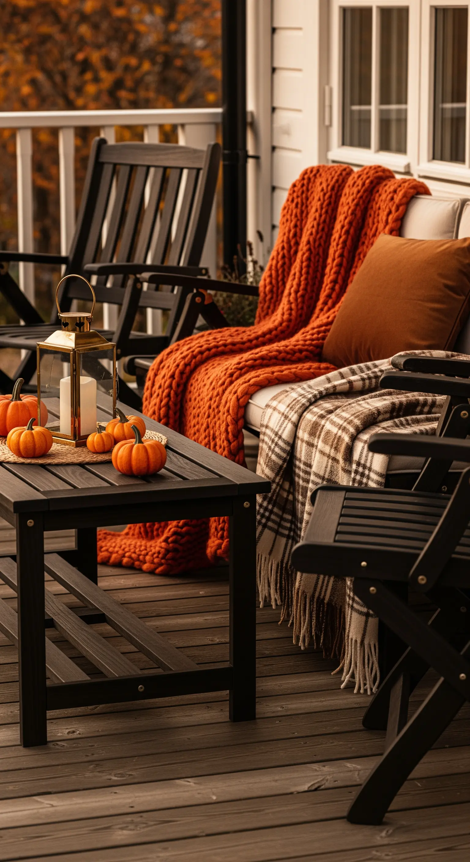 Portico con arredi neri, plaid arancione a maglia grossa e decorazioni autunnali.