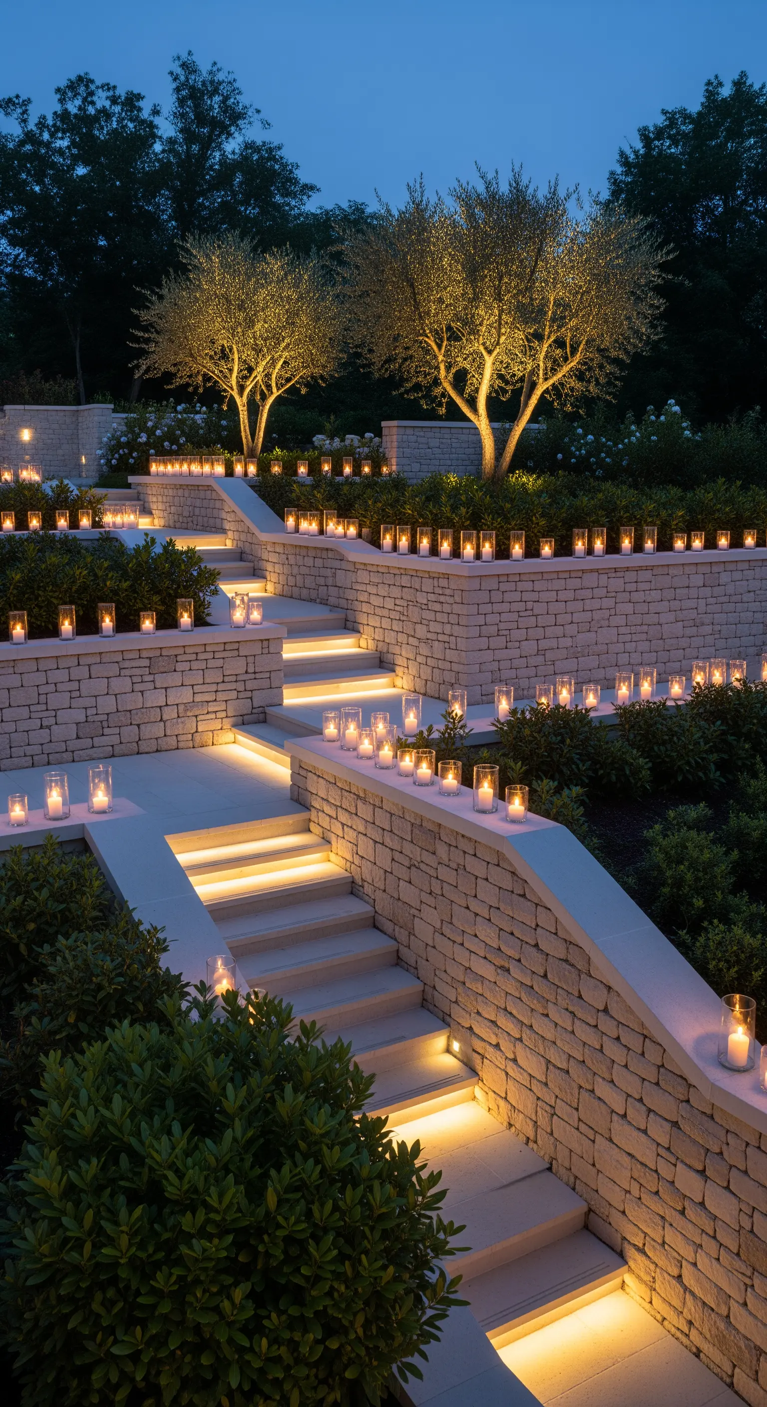 Scalinata esterna in pietra e cemento illuminata da strisce LED sotto i gradini e candele.
