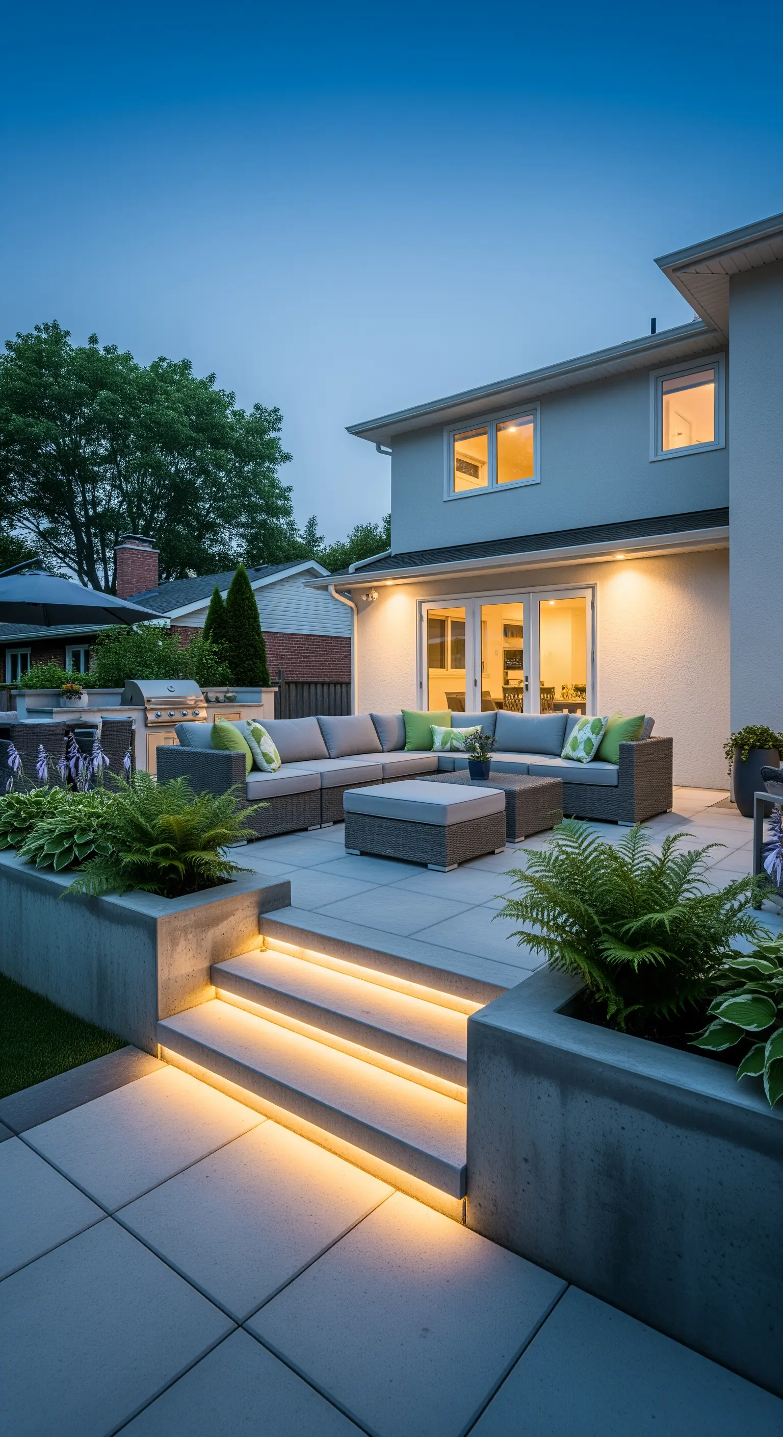 Scalini esterni in cemento con strisce LED integrate per un'illuminazione d'atmosfera.