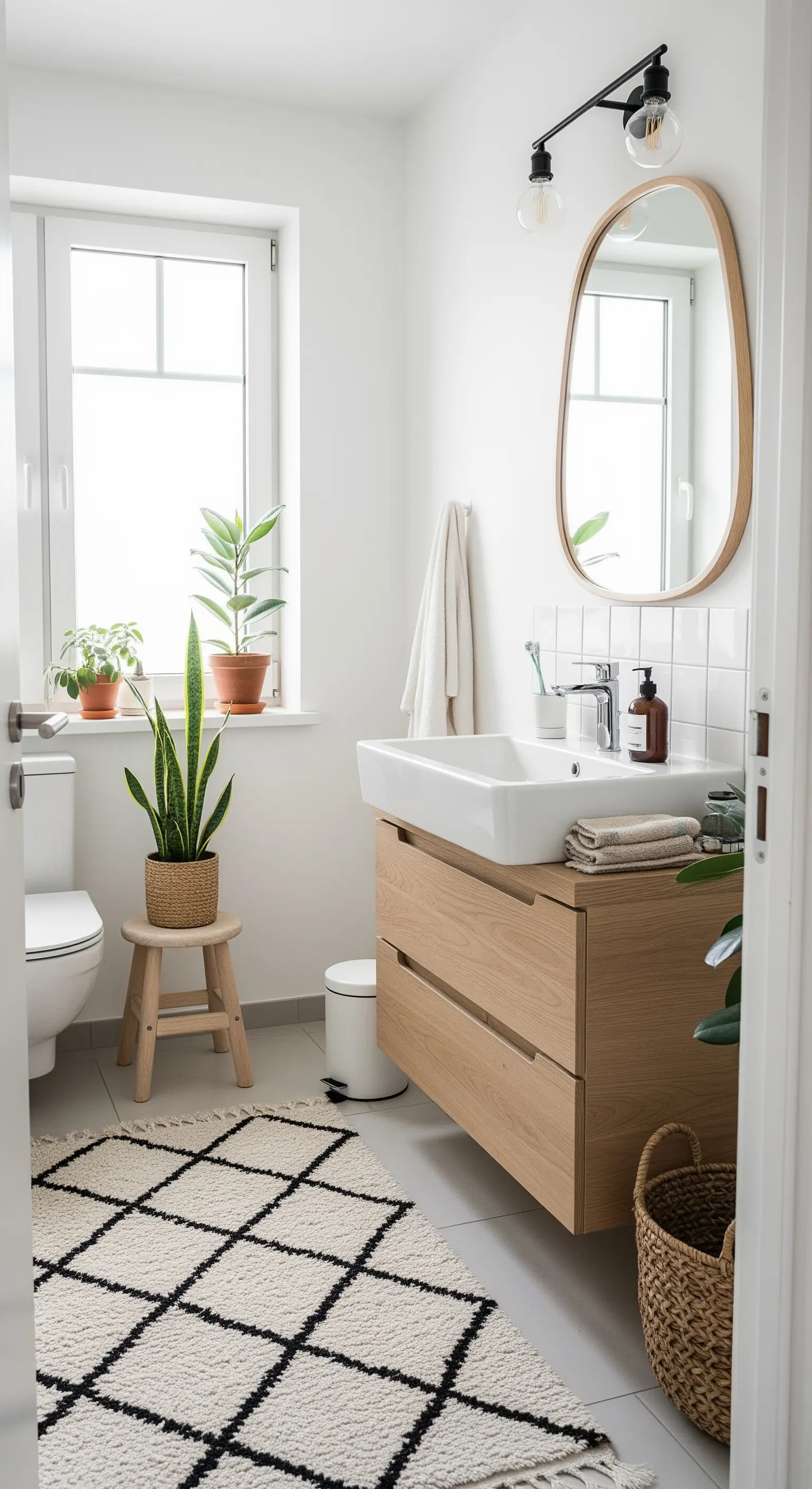 Bagno luminoso in stile Scandi-Boho con mobile in legno chiaro e tappeto berbero.