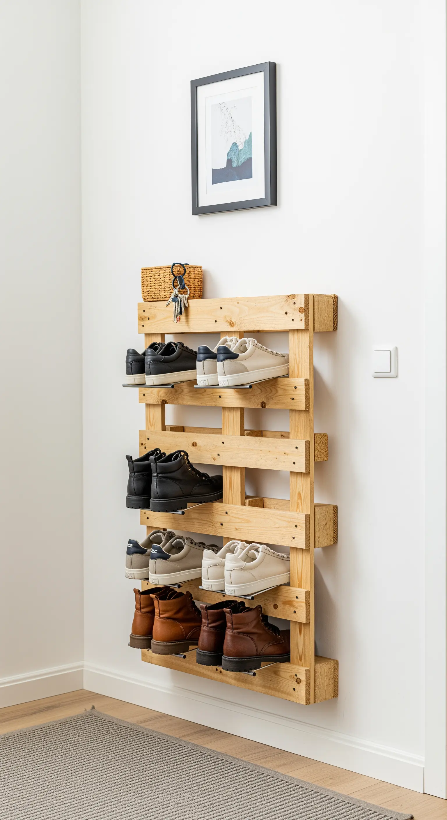 Scarpiera da parete fai-da-te realizzata con un unico pallet in legno chiaro.