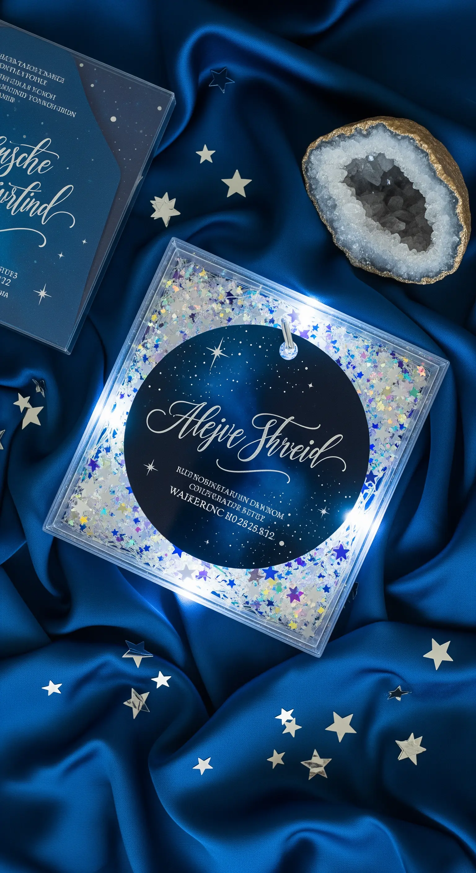 Invito a tema galassia in una scatola trasparente piena di glitter e stelle, su un drappo blu.