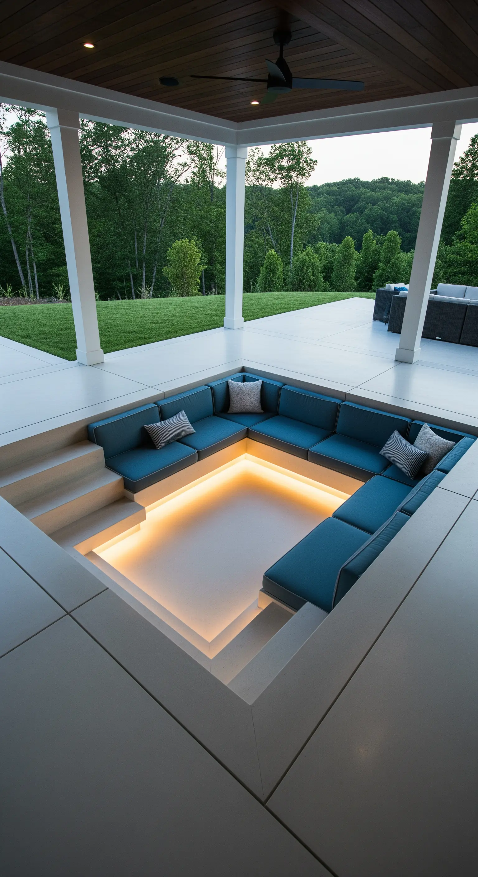 Area conversazione ribassata e incassata nel pavimento in cemento, con cuscini blu e luci LED