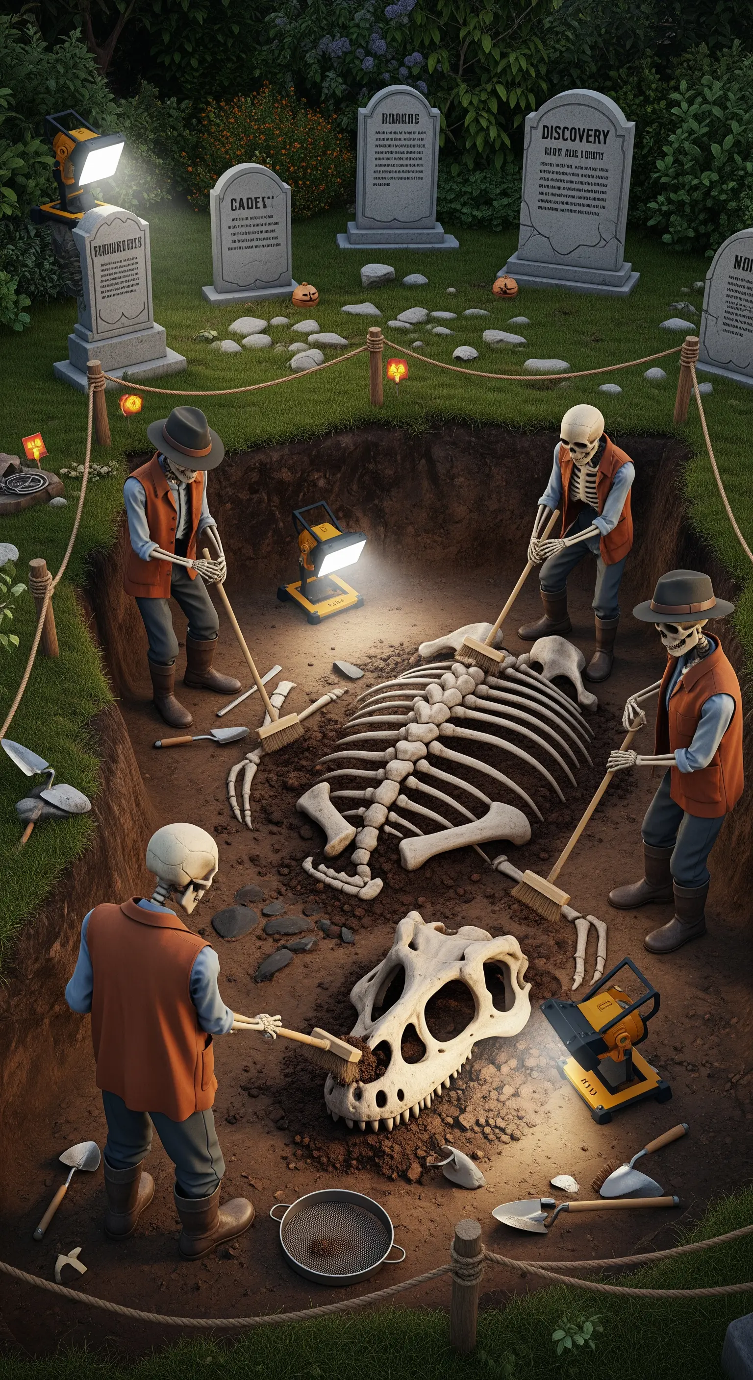 Scheletri-archeologi scavano per riportare alla luce lo scheletro di un dinosauro.