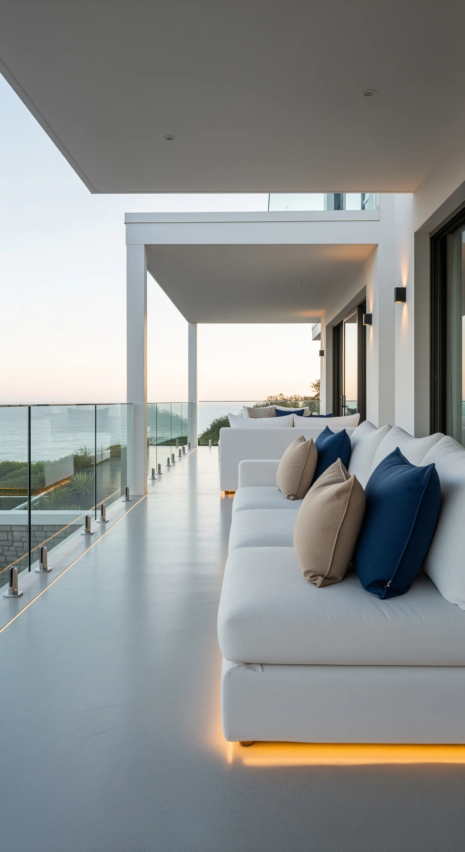 Lungo portico affacciato sul mare con divano bianco modulare e luci LED alla base