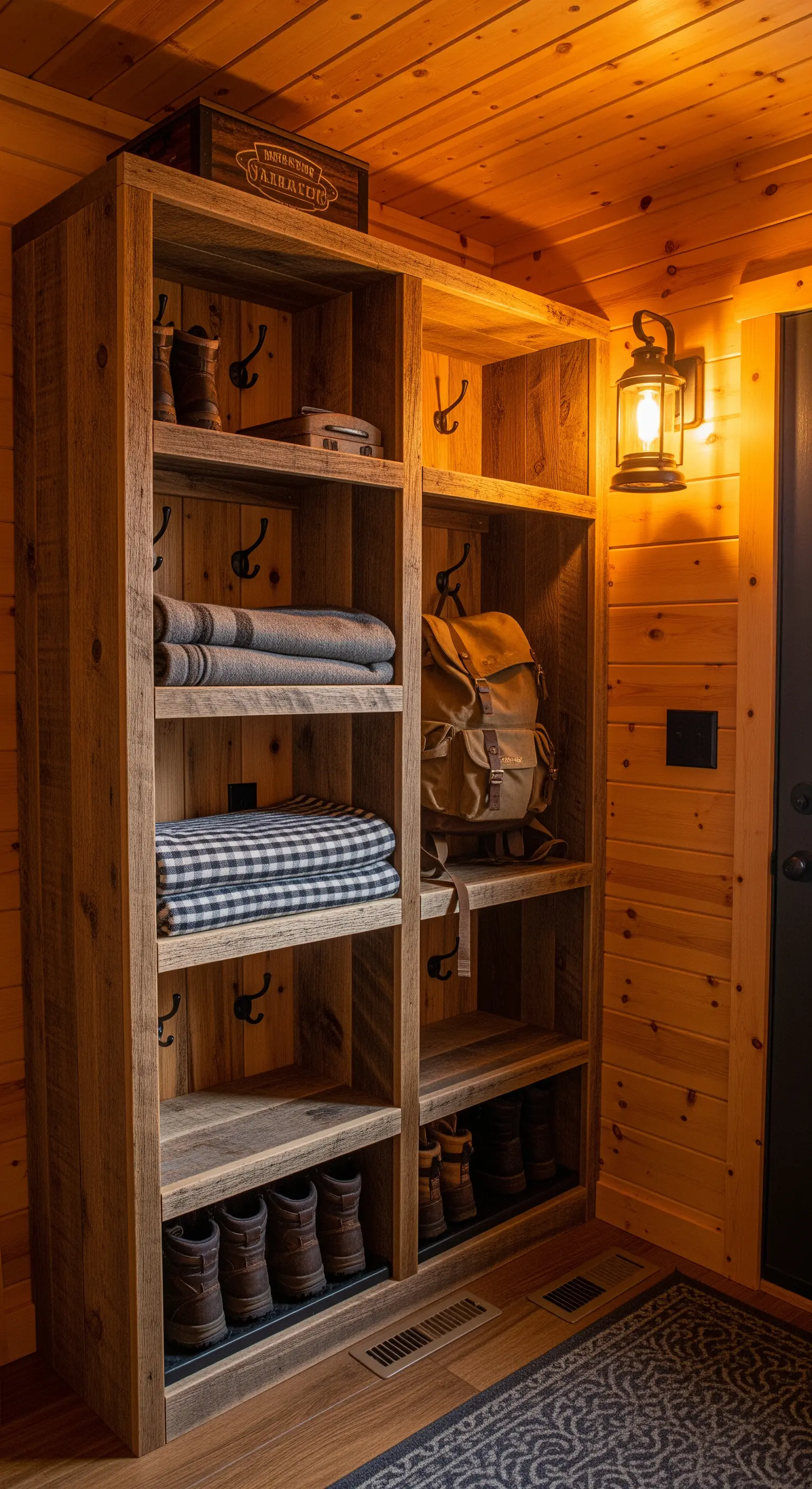 Mobile contenitore in legno grezzo con vani a giorno e ganci, illuminato da una lanterna a parete.