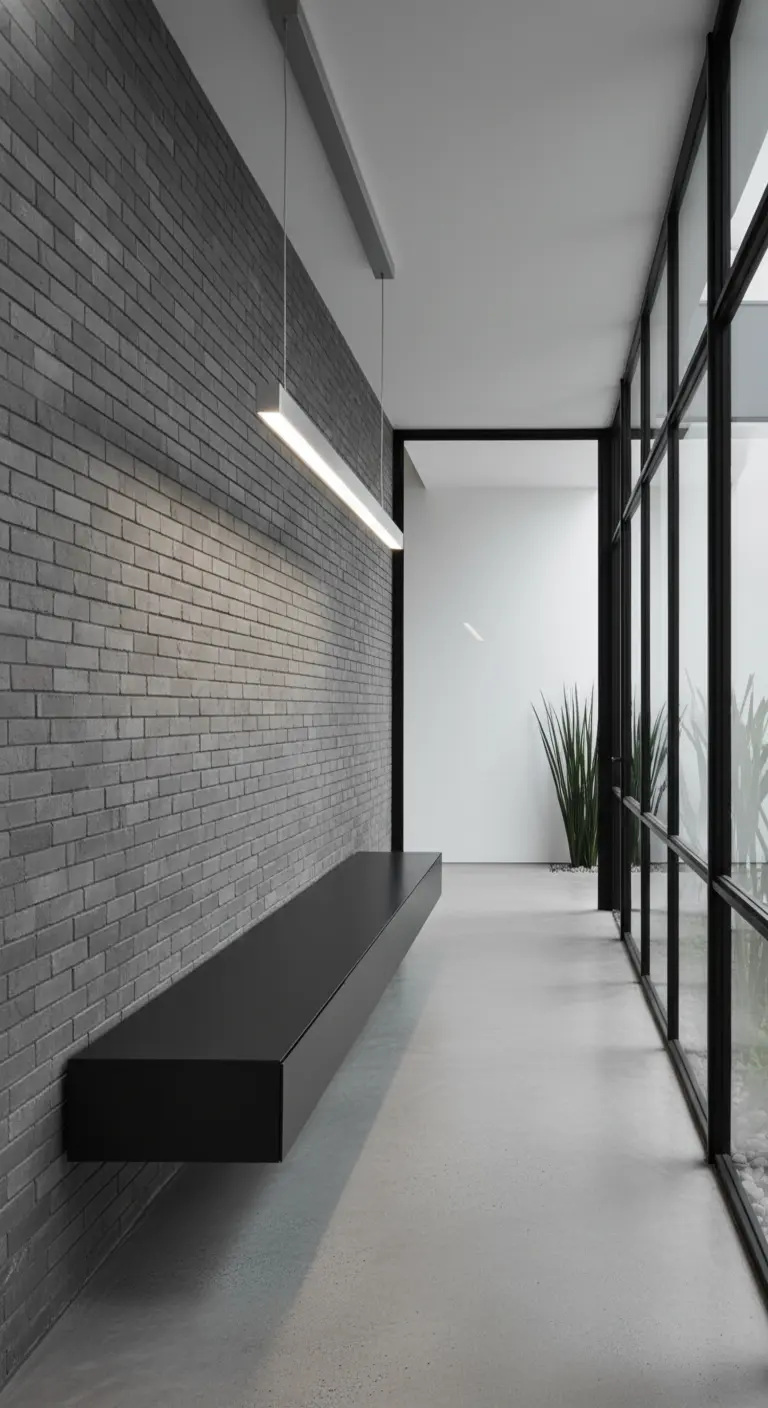 Panca nera sospesa lungo una parete di mattoni grigi in un corridoio moderno.