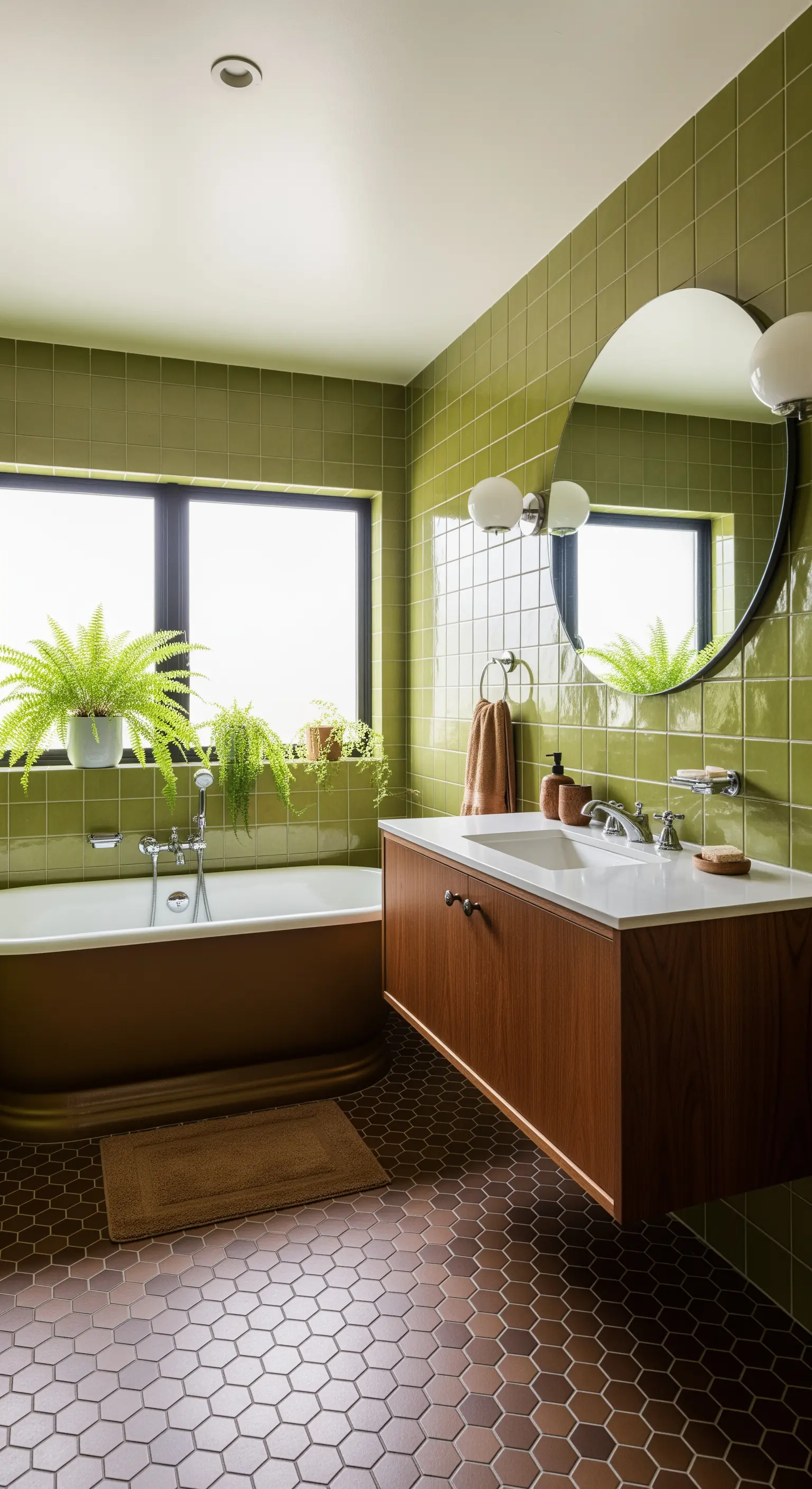 Bagno con piastrelle verde oliva, vasca marrone e mobile in legno sospeso.