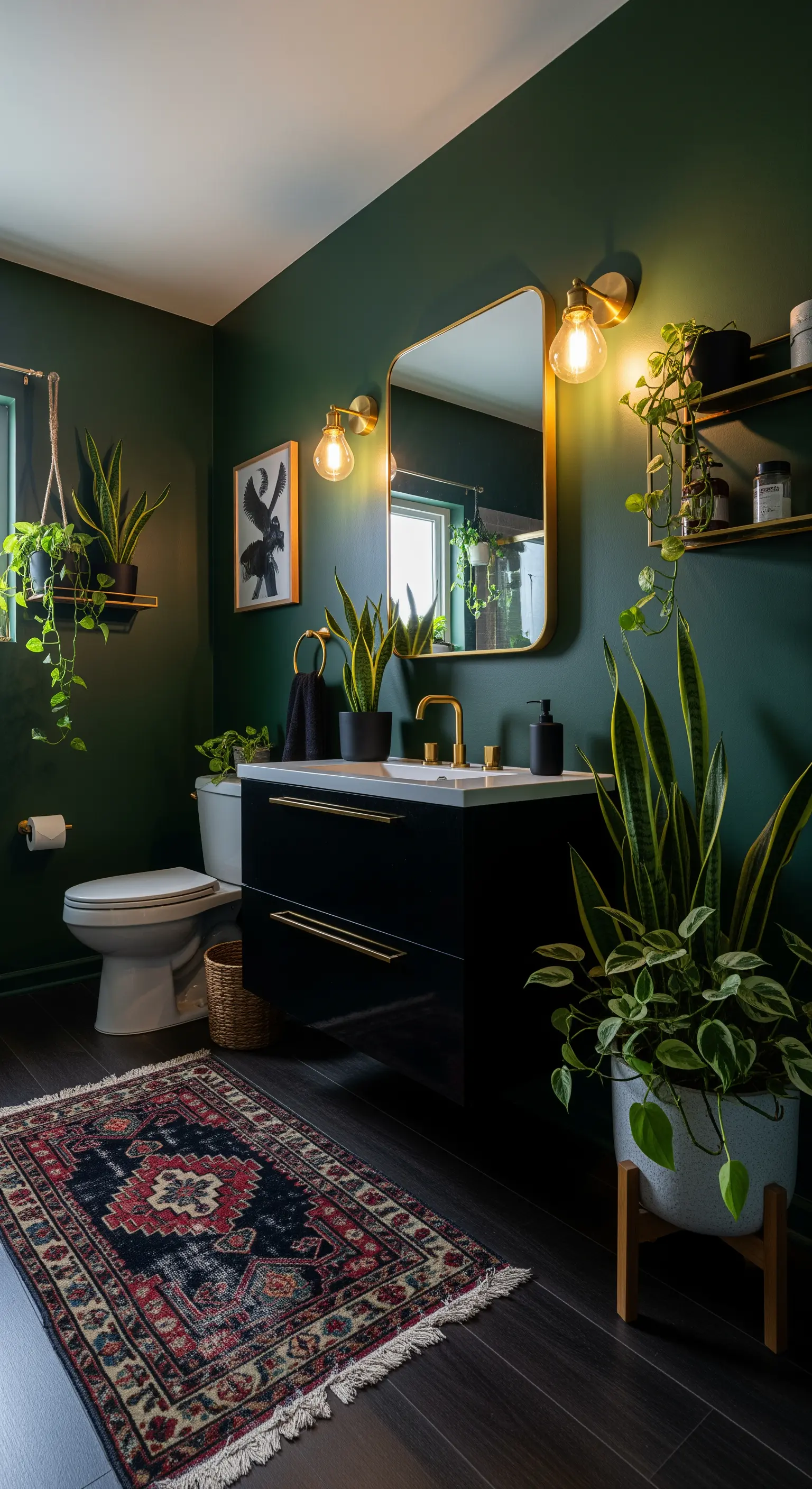 Bagno elegante con pareti verde scuro, mobile nero e dettagli dorati.