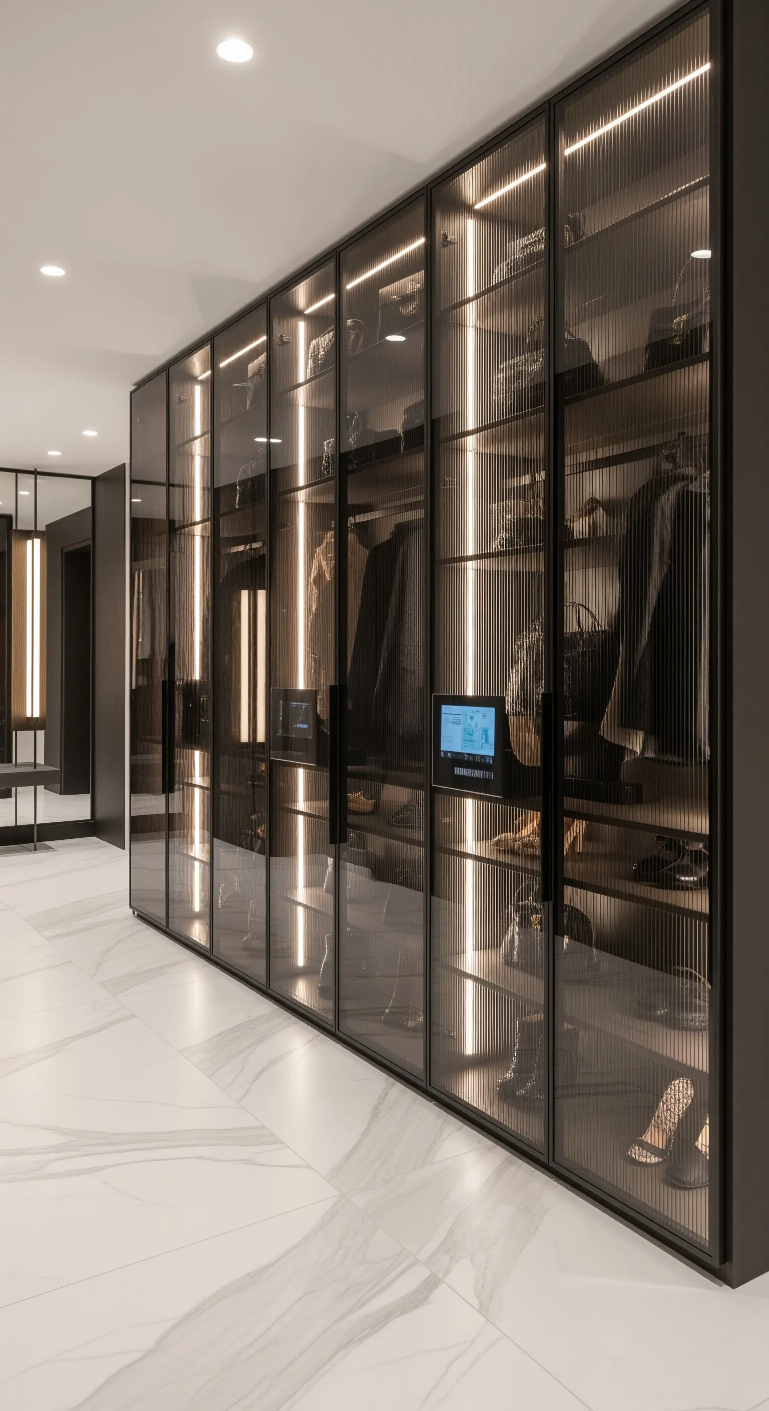 Guardaroba a tutta altezza con ante in vetro cannettato e profili neri, illuminato internamente.