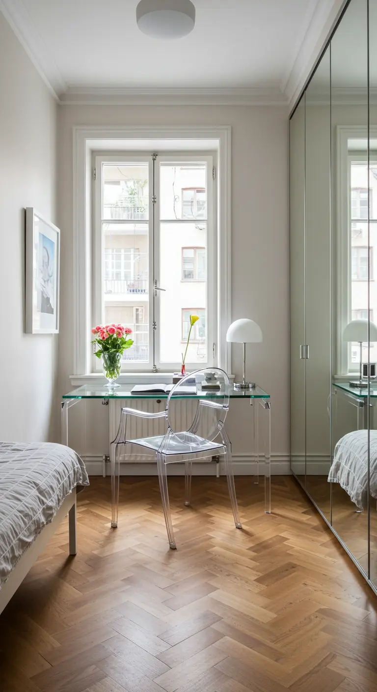 Scrivania in vetro trasparente in una camera da letto stretta per massimizzare la percezione dello spazio.
