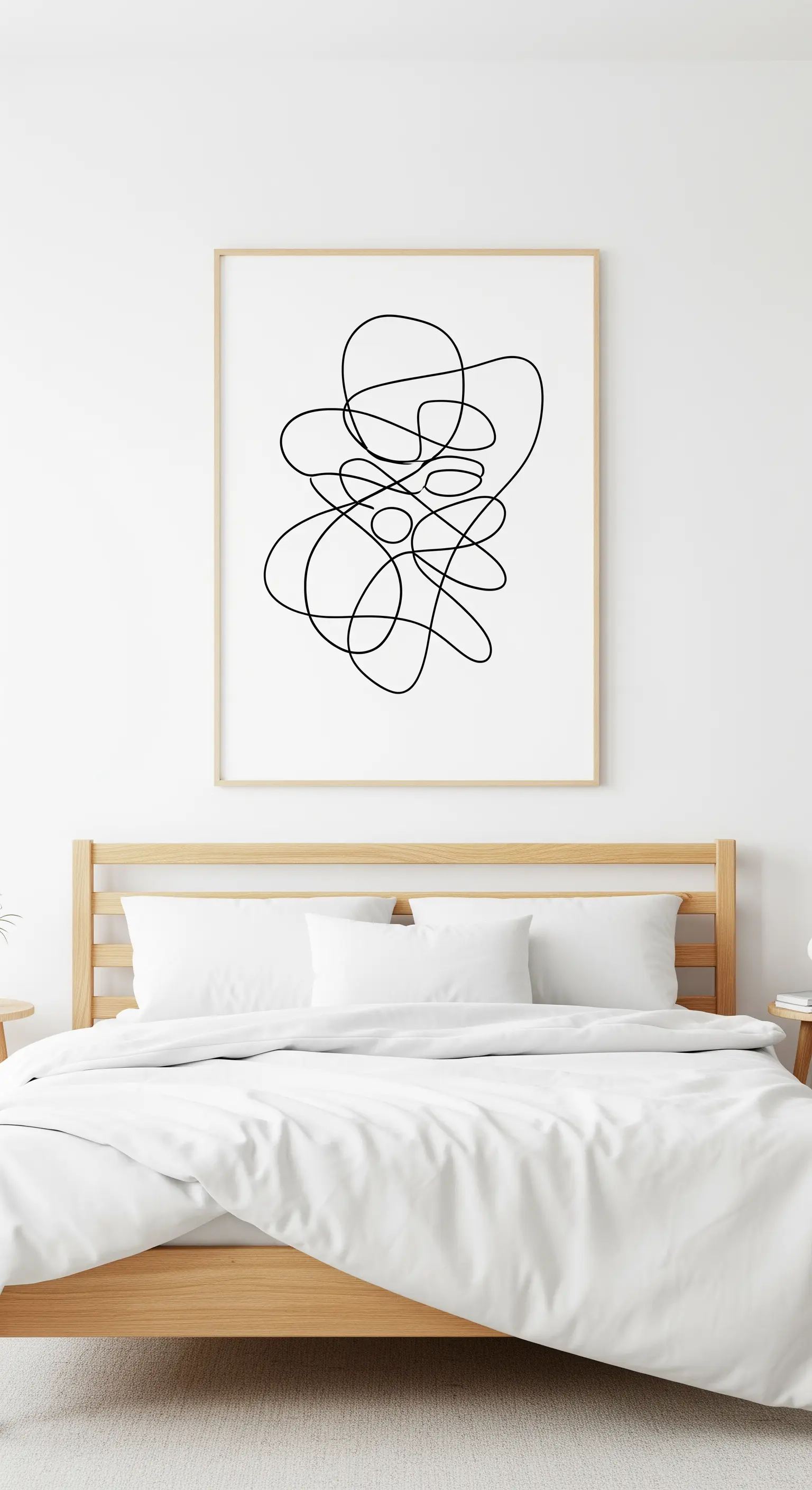 Stampa di line art astratta con una linea nera continua, incorniciata in legno chiaro sopra un letto.