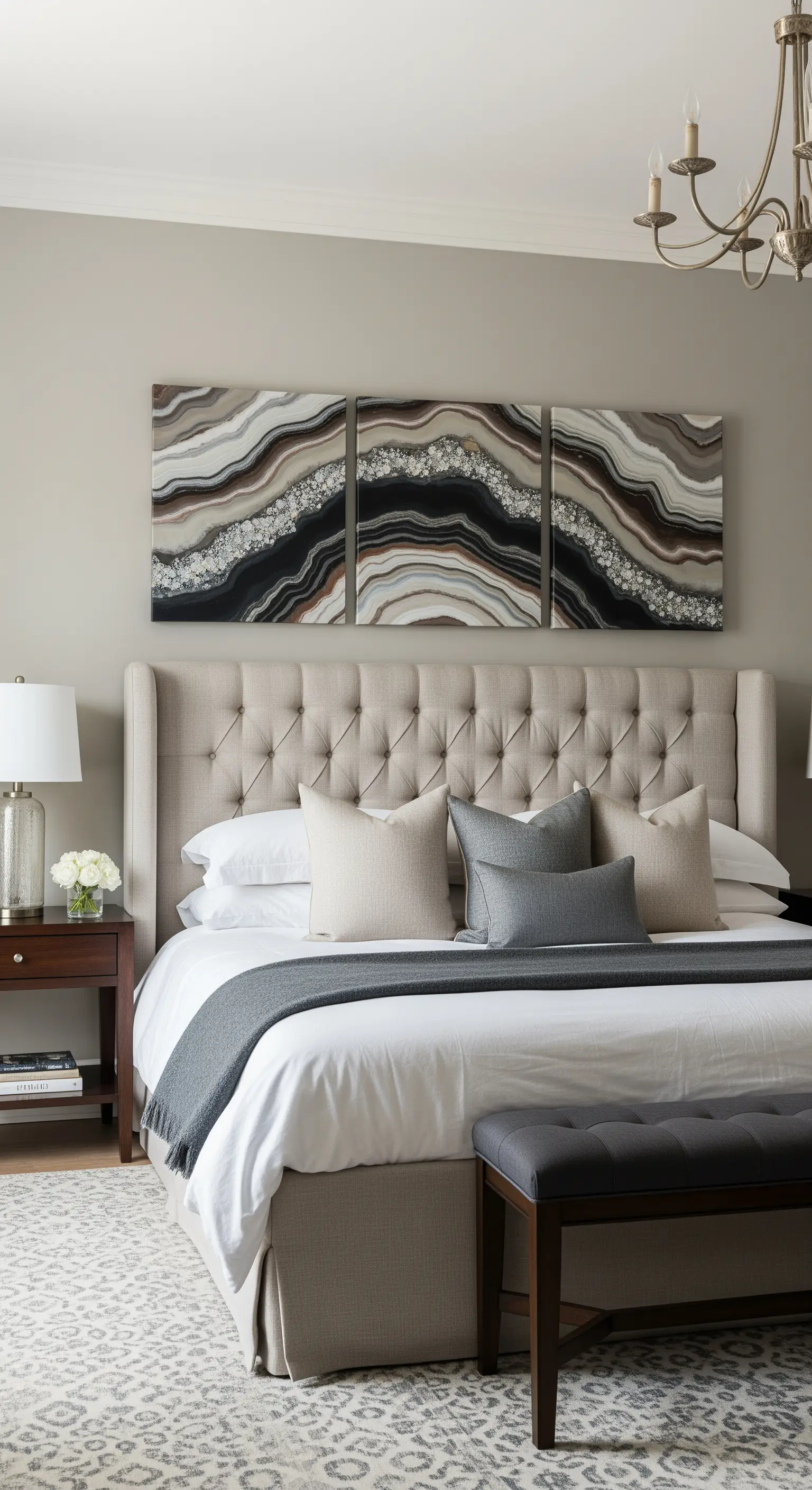 Trittico di quadri che riproducono le venature dell'agata, sopra una testiera del letto beige capitonné.