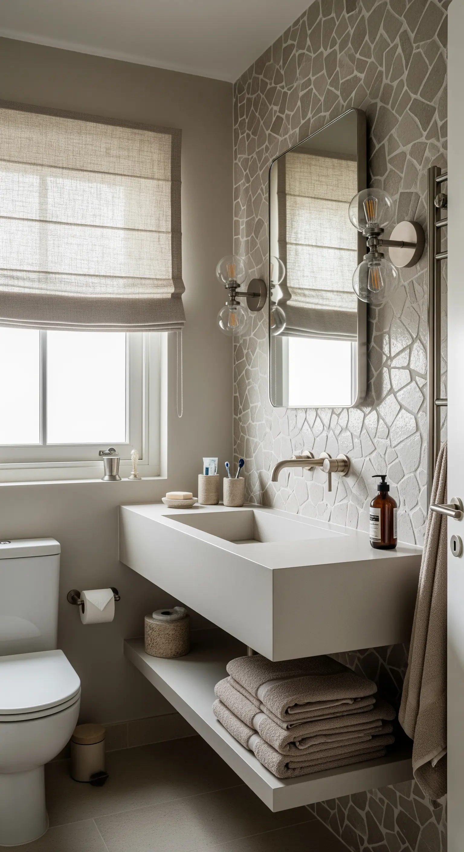 Bagno neutro con lavabo sospeso con vano a giorno e parete a mosaico texturizzato.