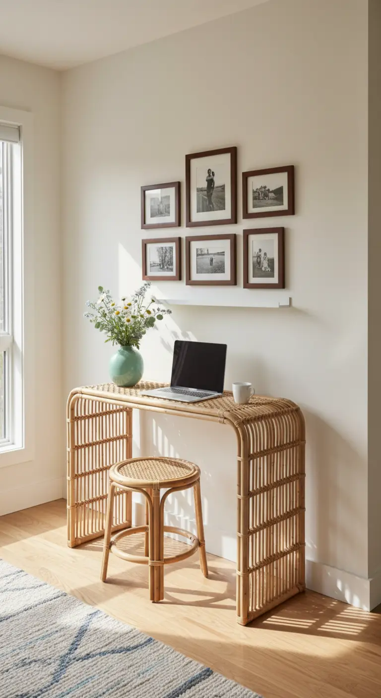 Scrivania a consolle in rattan con sgabello coordinato e una piccola galleria di foto sopra.