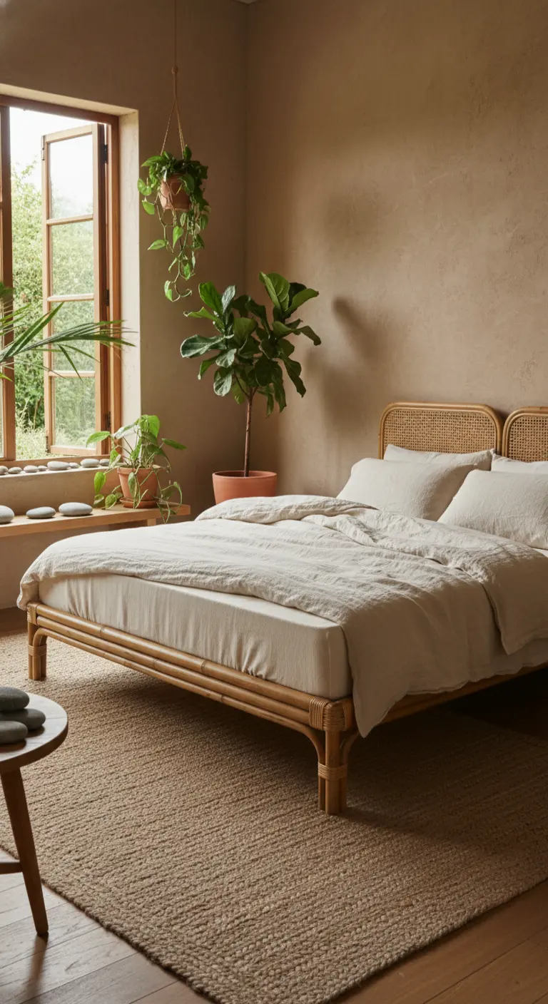 Camera da letto con pareti in intonaco beige, letto in bambù e piante verdi.