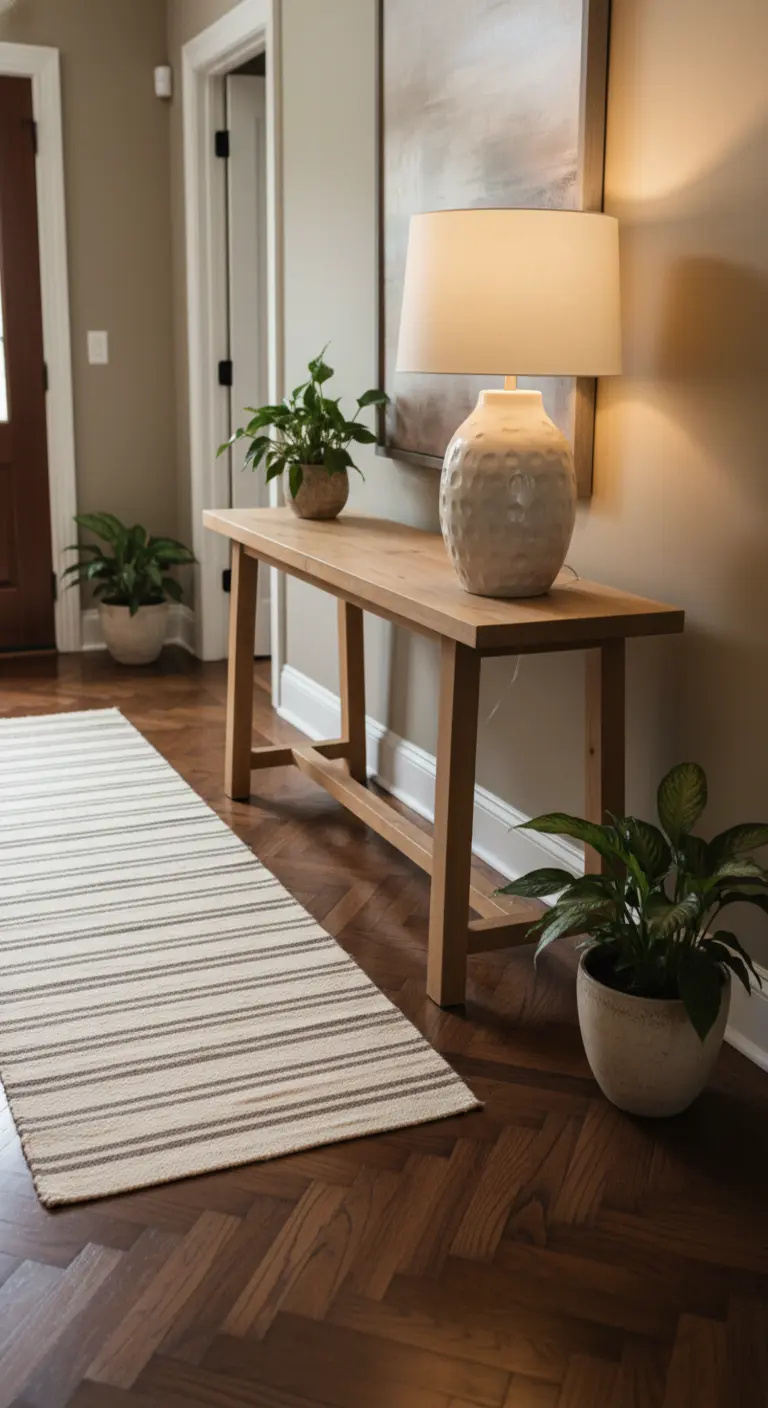 Consolle in legno chiaro con lampada in ceramica bianca e runner a righe su parquet scuro.