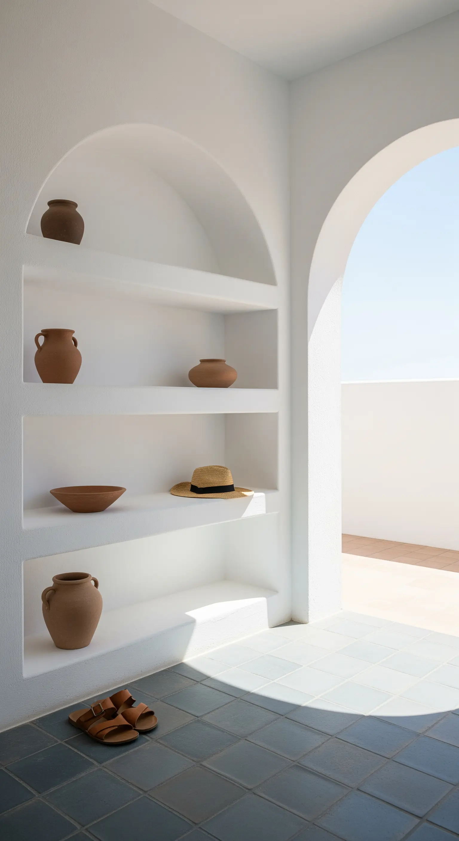 Nicchie in muratura bianca con finitura grezza che ospitano vasi di terracotta e sandali.