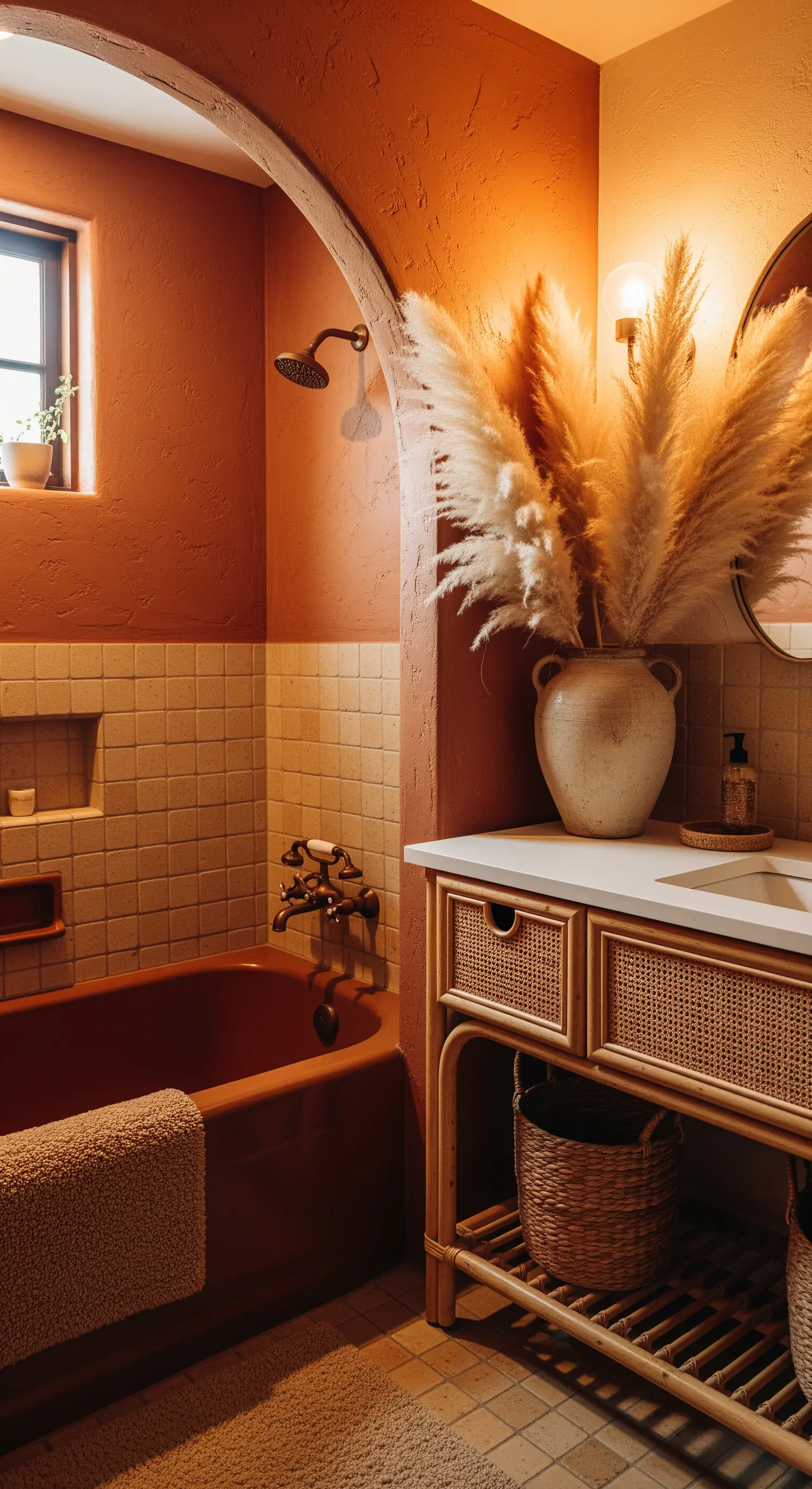 Bagno con pareti color terracotta, vasca ruggine e mobile in rattan.