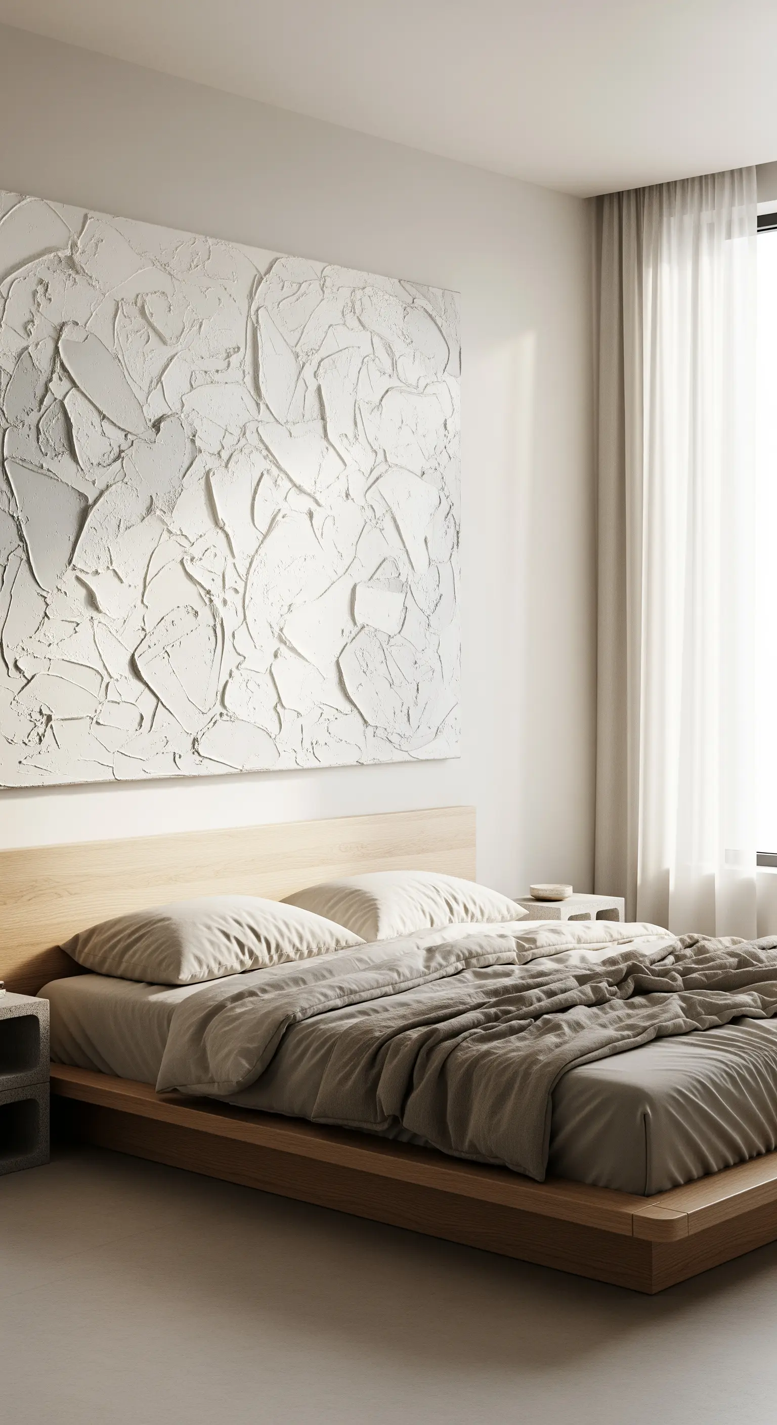 Camera da letto minimalista con un grande quadro materico bianco sopra un letto in legno chiaro.
