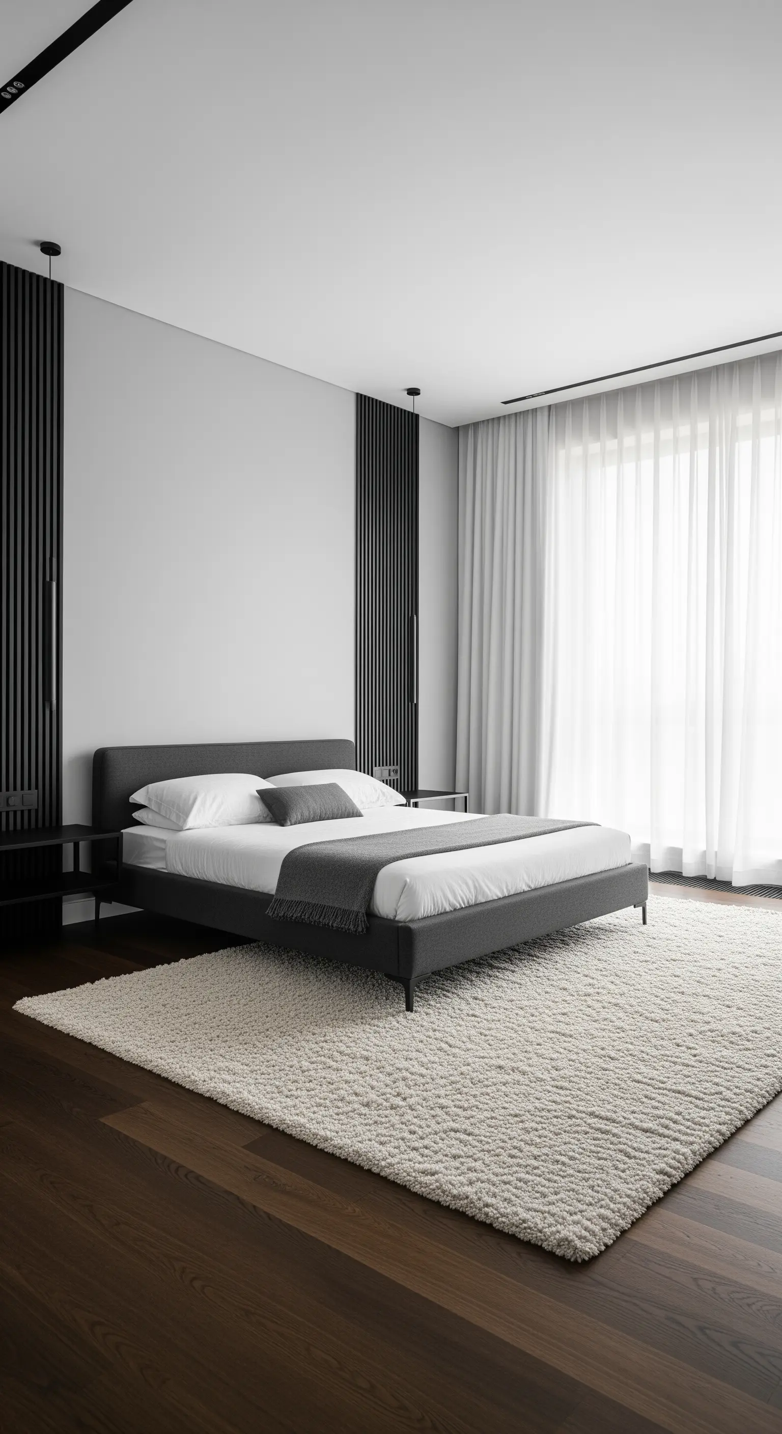 Camera minimalista con parquet scuro e grande tappeto color avorio a pelo lungo