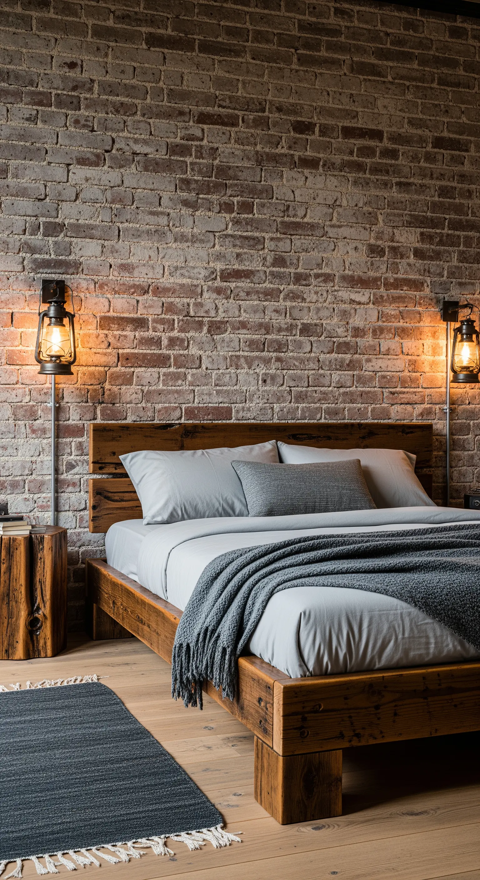 Letto in legno di recupero contro una parete di mattoni, con due lanterne vintage come applique.
