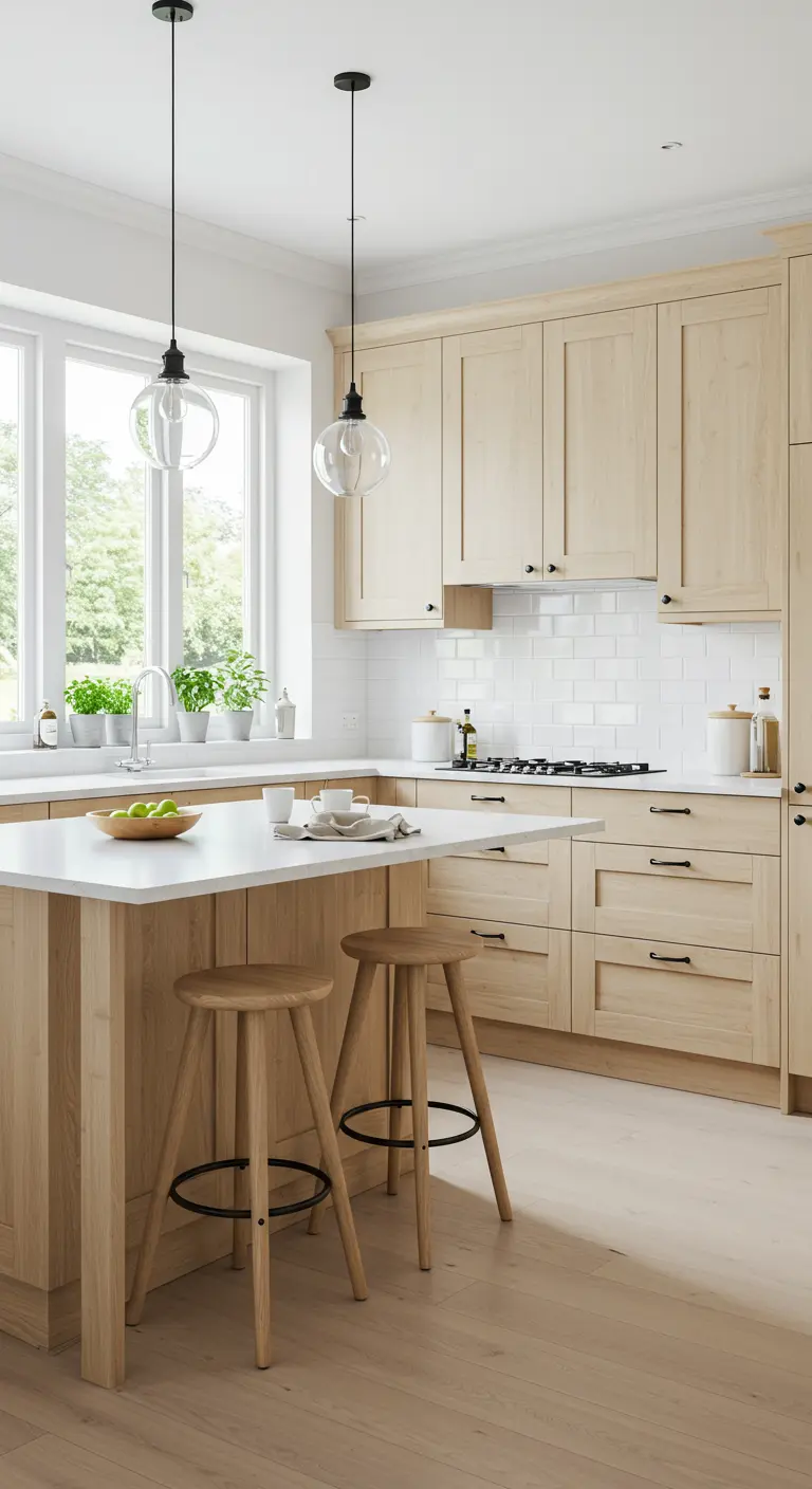 Cucina scandinava con mobili in legno chiaro, isola e sgabelli coordinati.
