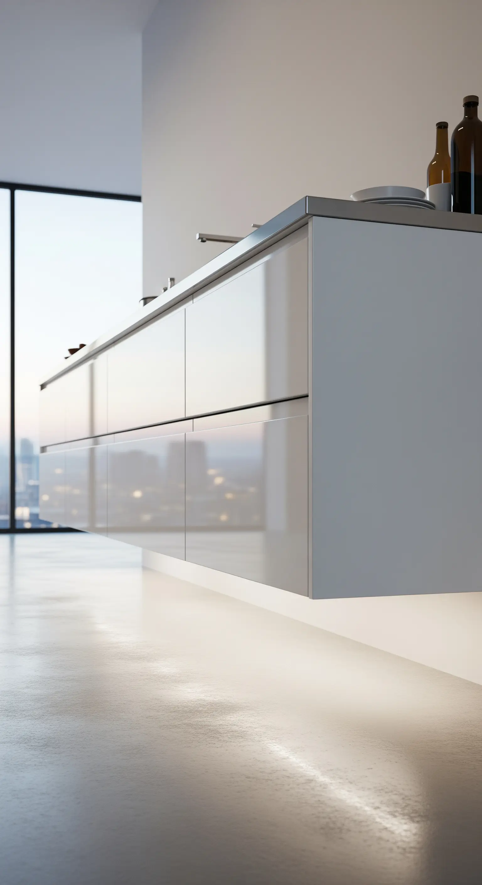 Mobili base da cucina bianchi e sospesi, con una luce soffusa che illumina il pavimento.