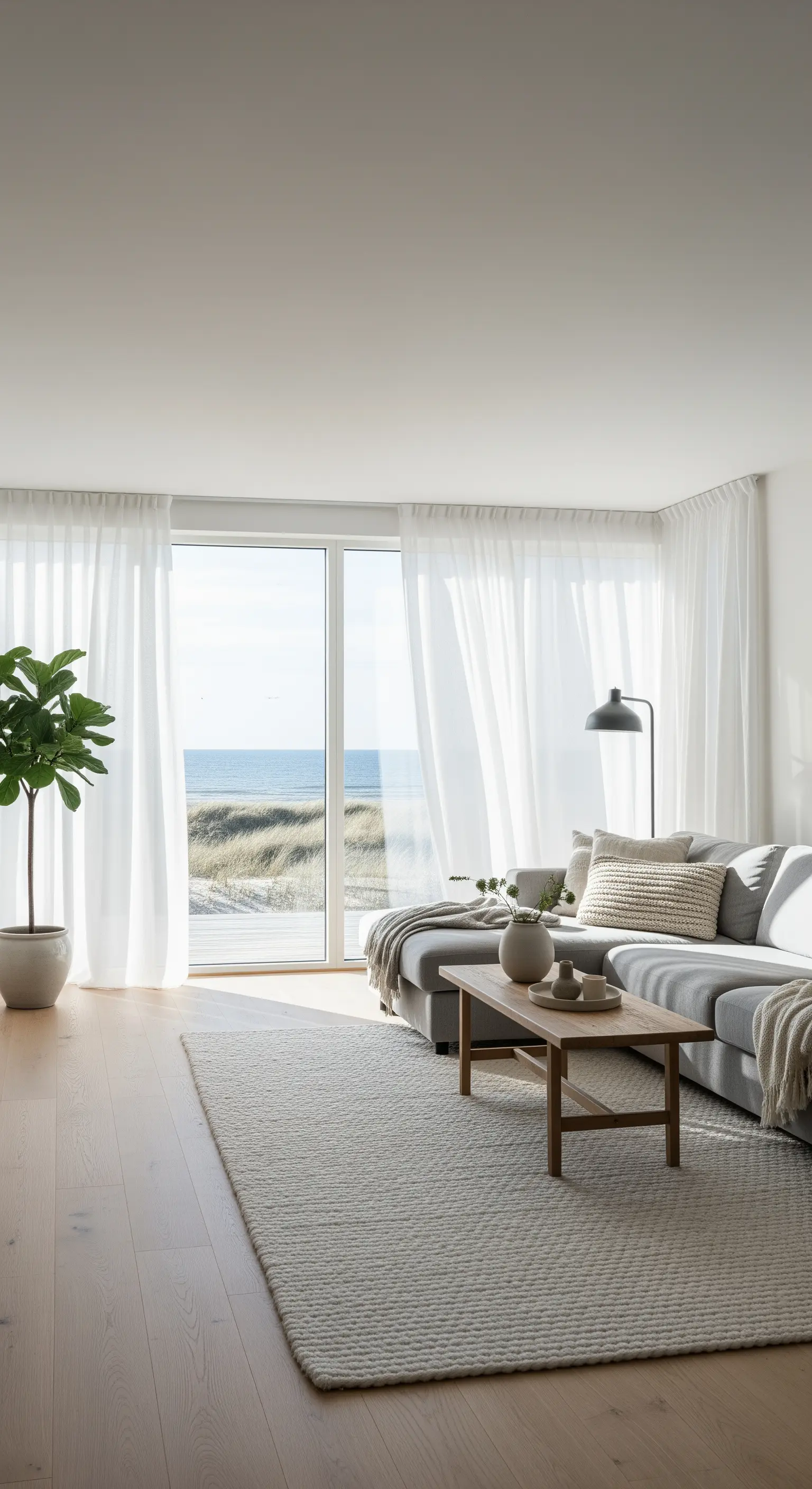 Salotto costiero con divano grigio, tende in lino bianco e vista sull'oceano.