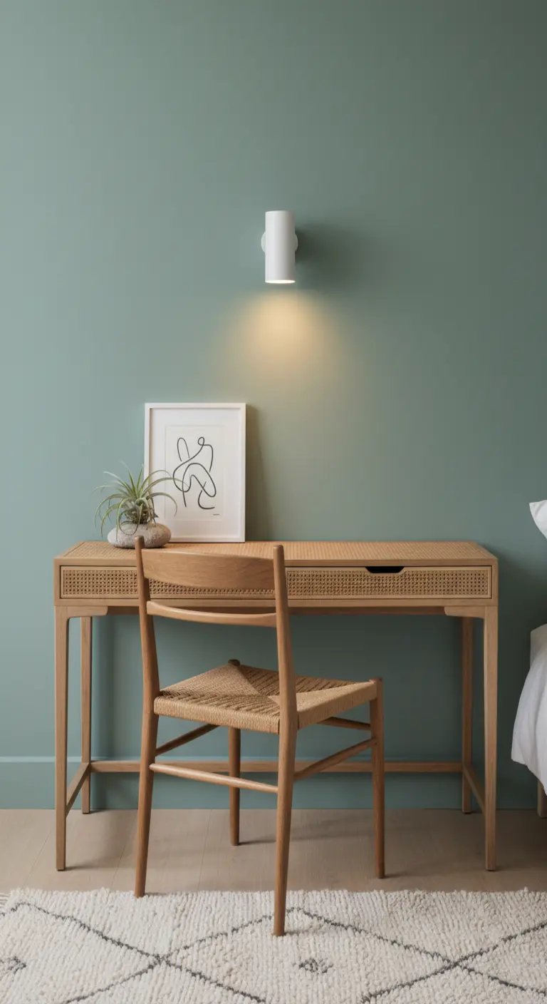 Scrivania minimalista in rattan contro una parete verde-grigio, illuminata da un'applique.