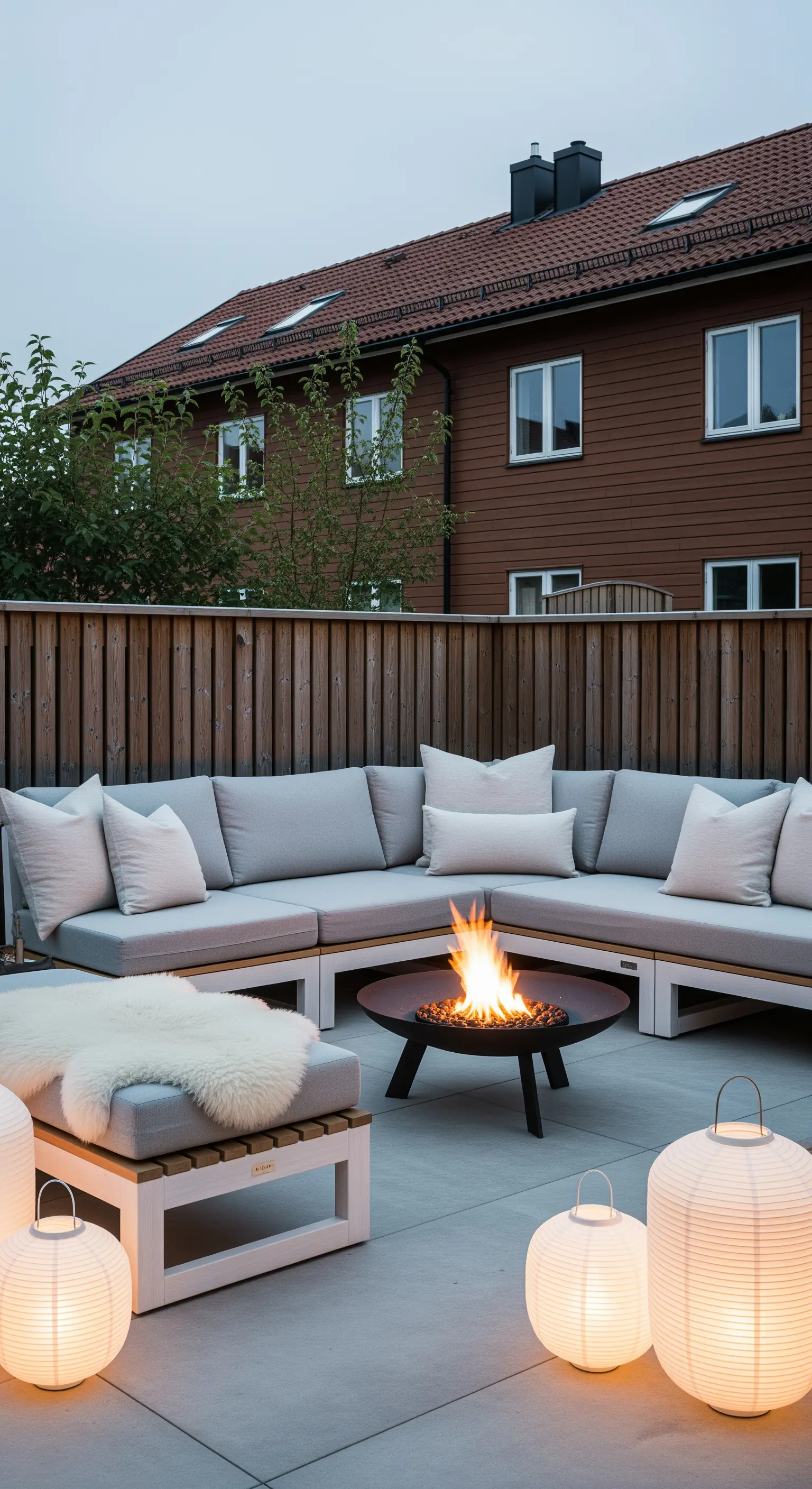Patio moderno con divano angolare grigio, braciere acceso e lanterne di carta illuminate.