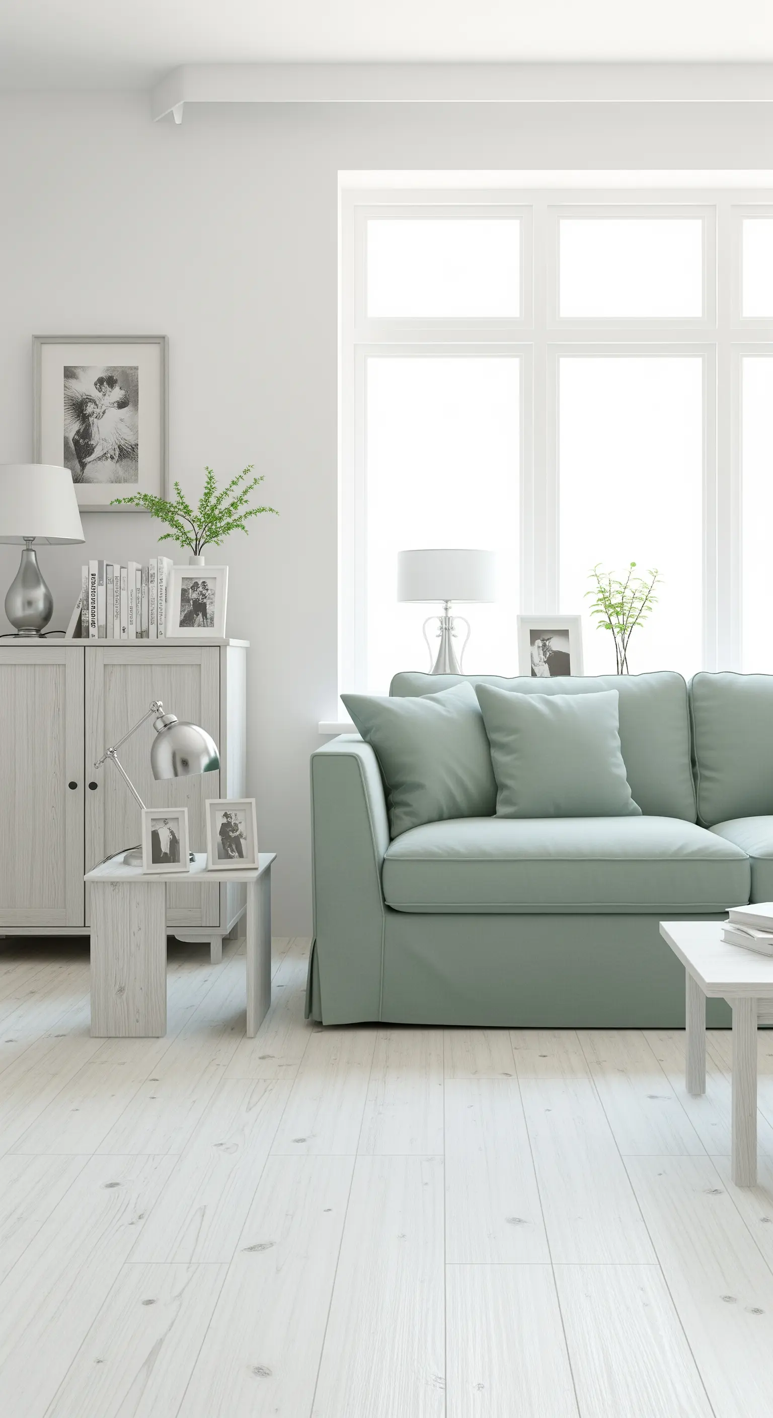 Salotto total white con pavimento sbiancato e un divano moderno color verde salvia.