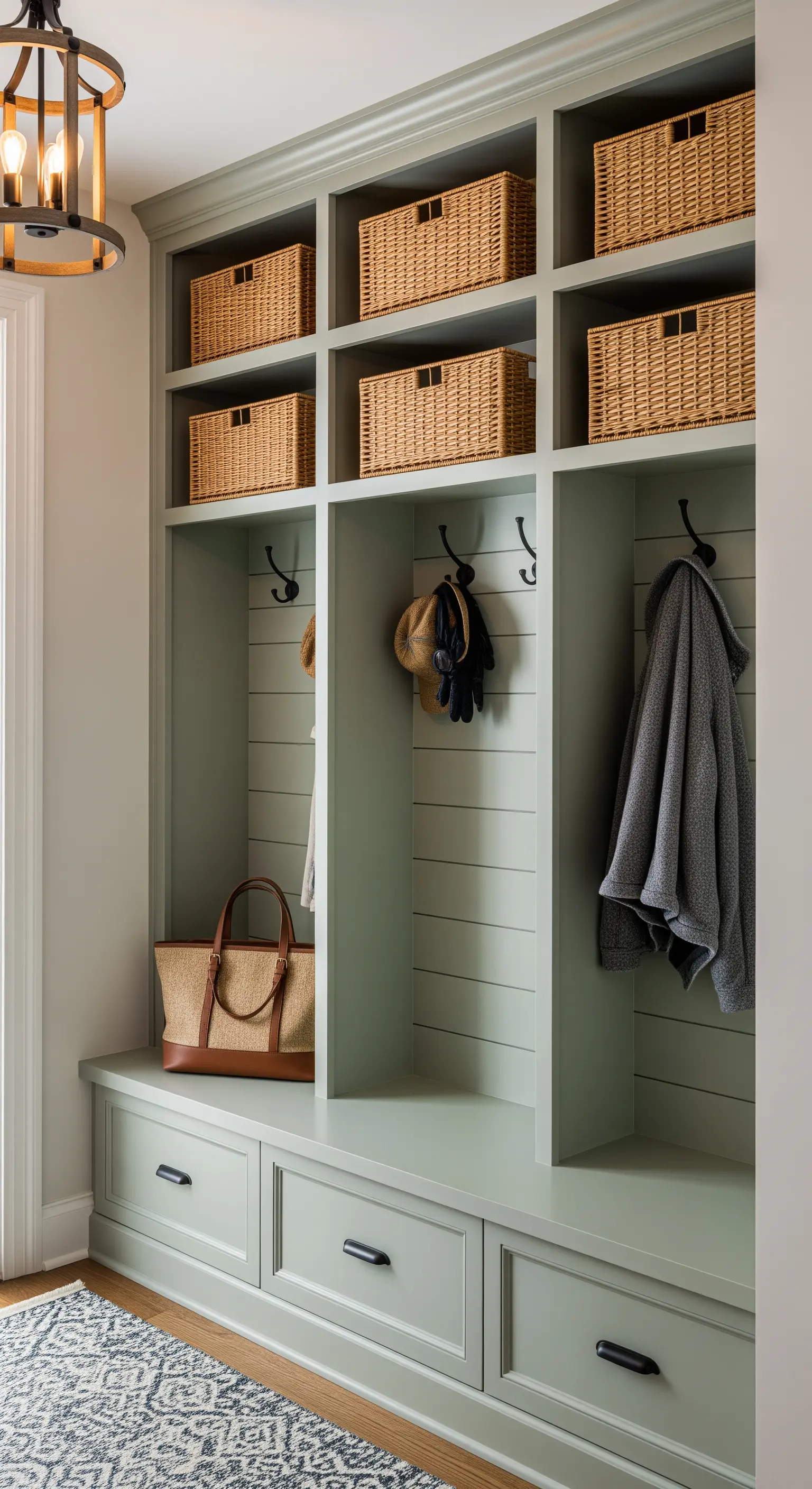 Mobile contenitore su misura in verde salvia con vani individuali, ganci e cassetti.