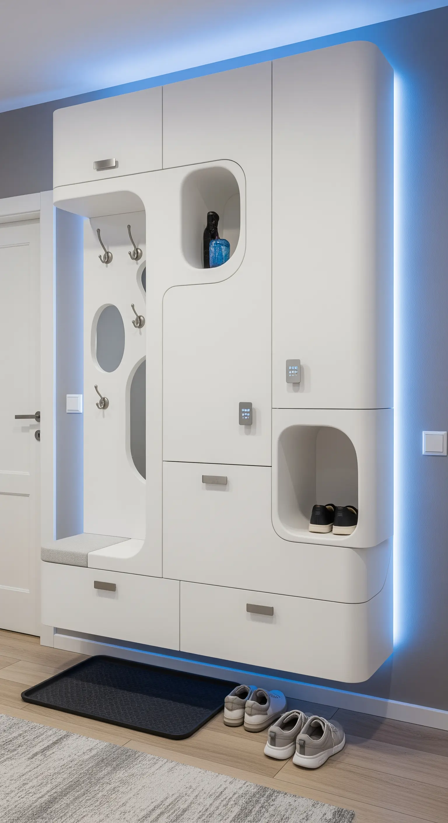 Mobile da ingresso bianco laccato con forme arrotondate e illuminazione LED blu integrata.