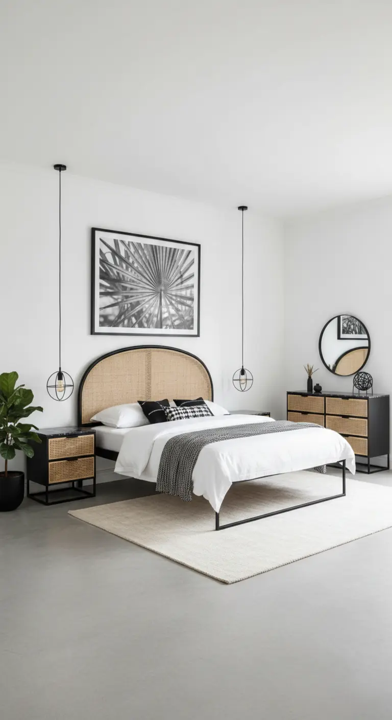 Camera da letto moderna con mobili in rattan e metallo nero e dettagli in bianco e nero.
