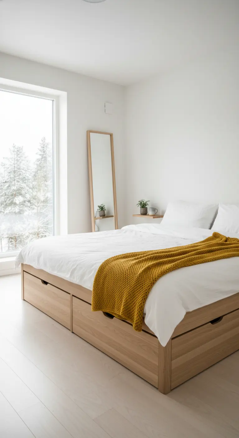 Letto in legno chiaro con cassettoni e un plaid color senape in una stanza bianca minimalista.