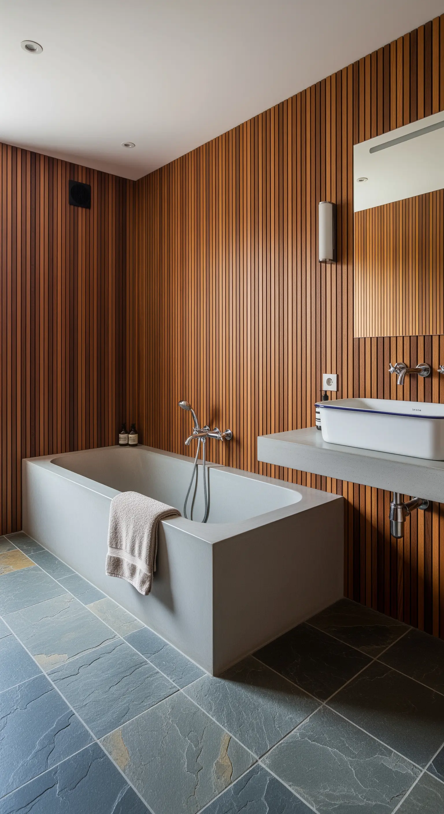Bagno minimalista con pareti rivestite in listelli di legno e vasca in cemento.