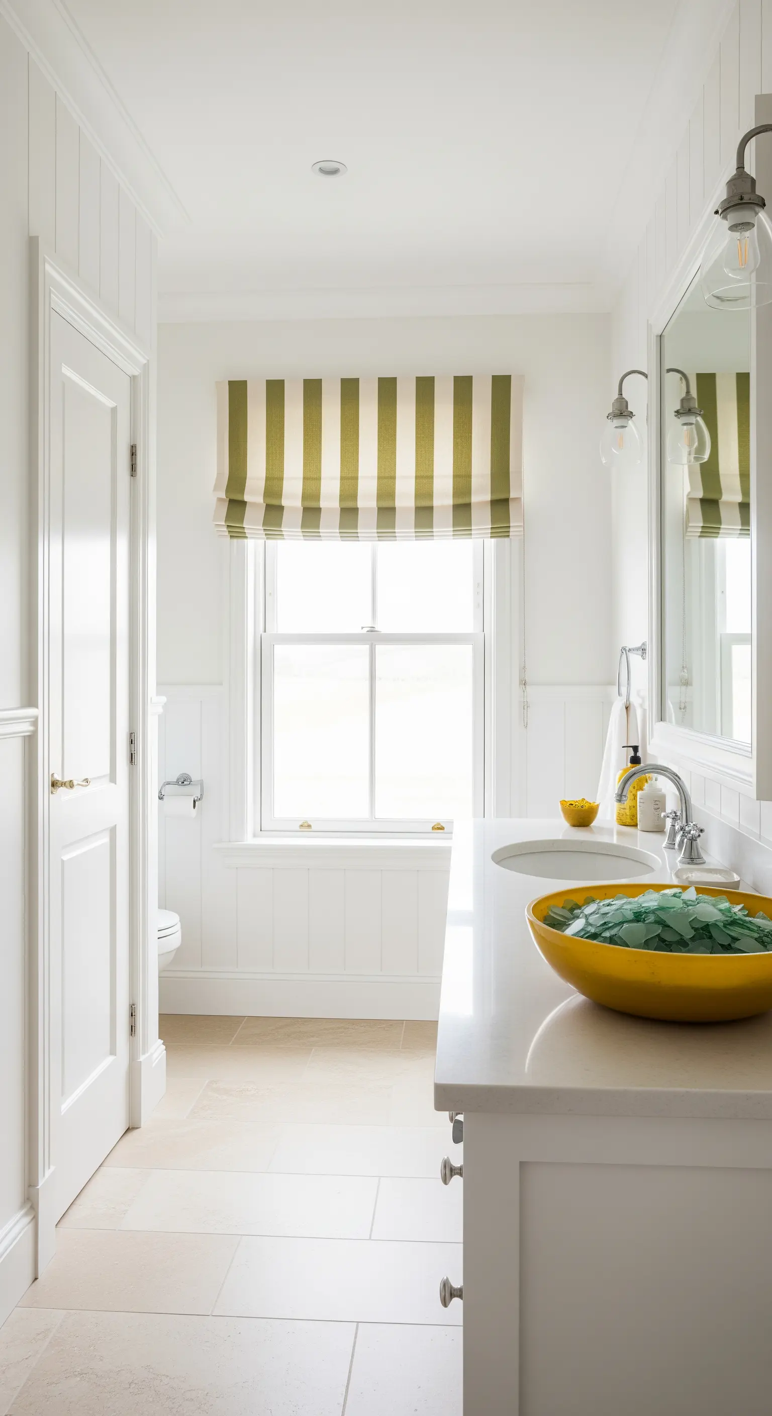 Bagno bianco con boiserie e una tenda a pacchetto a righe verdi e bianche.