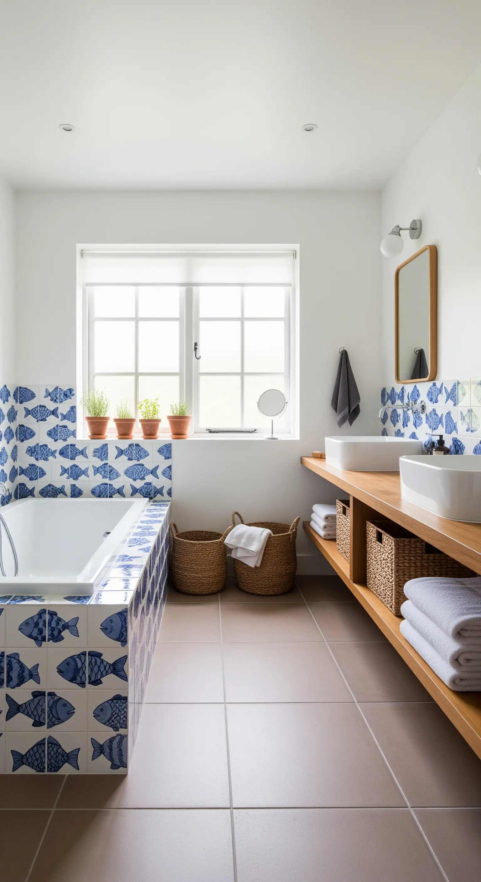 Rivestimento con piastrelle blu a motivo di pesci attorno alla vasca e sul piano lavabo.