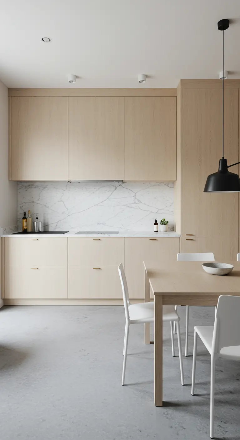 Cucina minimalista con mobili in legno chiaro e paraschizzi in marmo bianco.