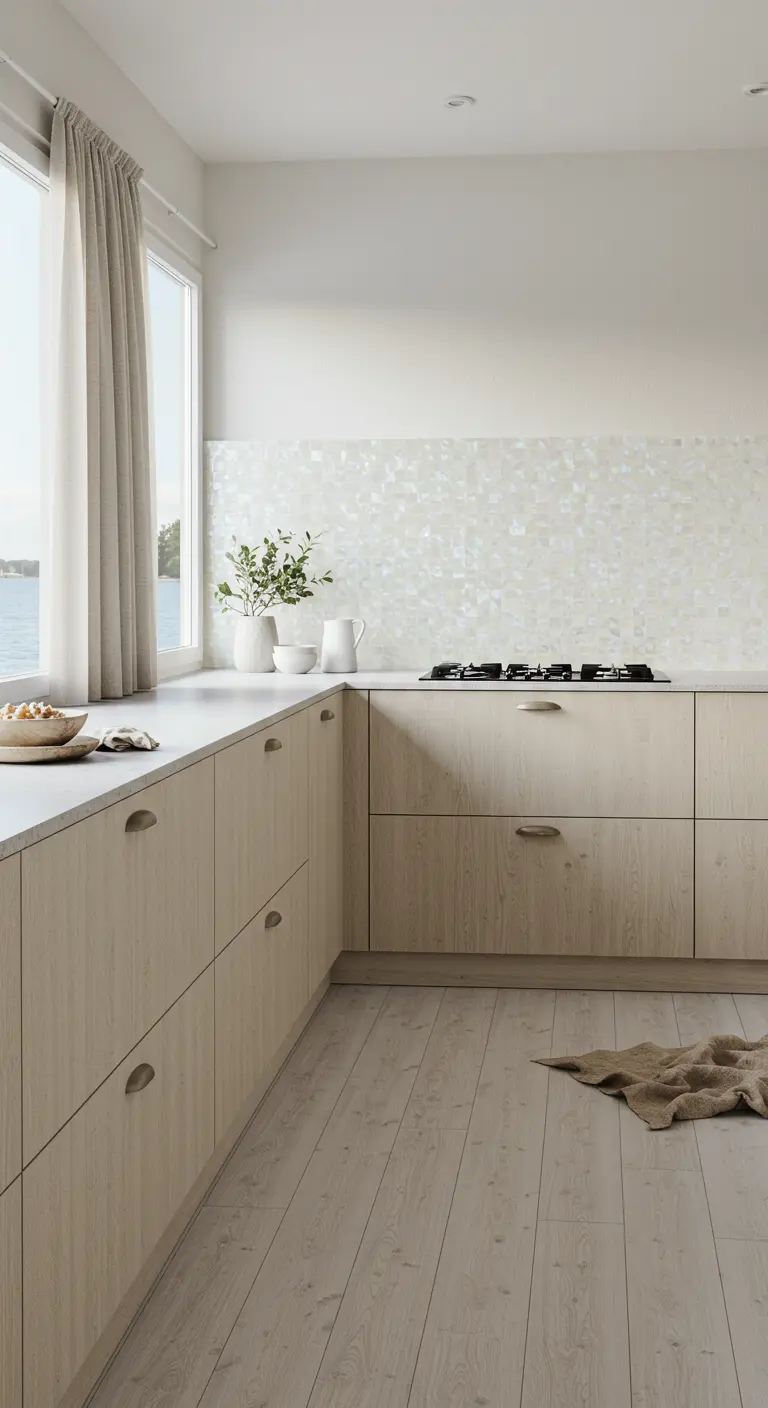 Cucina con mobili in legno chiaro e un paraschizzi in piastrelle iridescenti bianche.