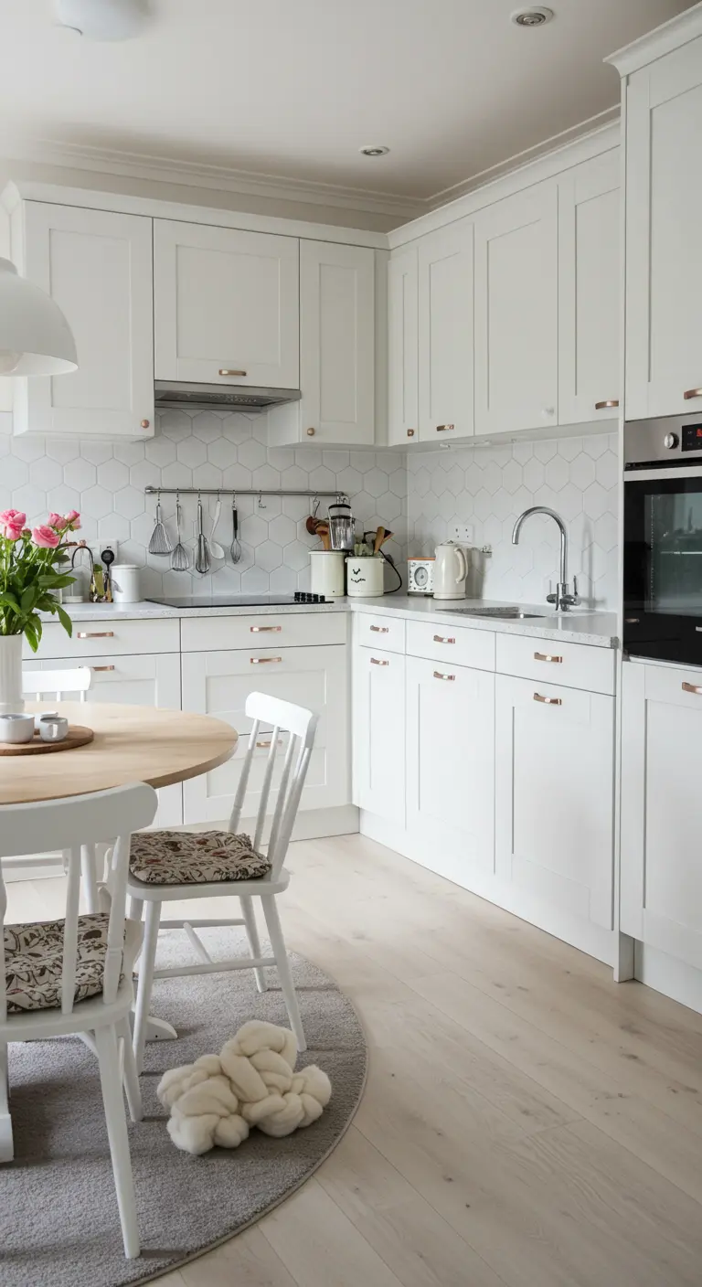 Cucina bianca luminosa con paraschizzi in piastrelle esagonali e dettagli rame.