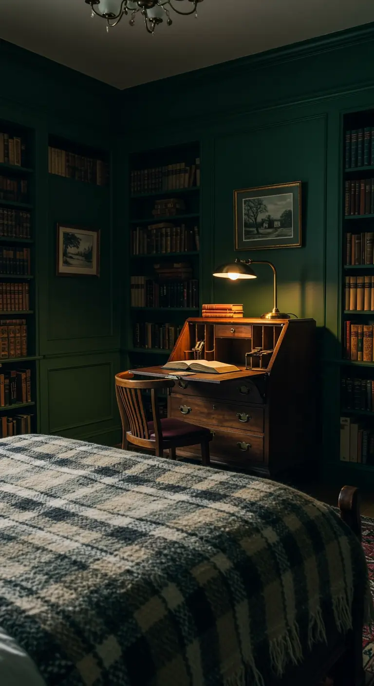 Secretaire in legno scuro in una camera da letto verde scuro con librerie a parete.