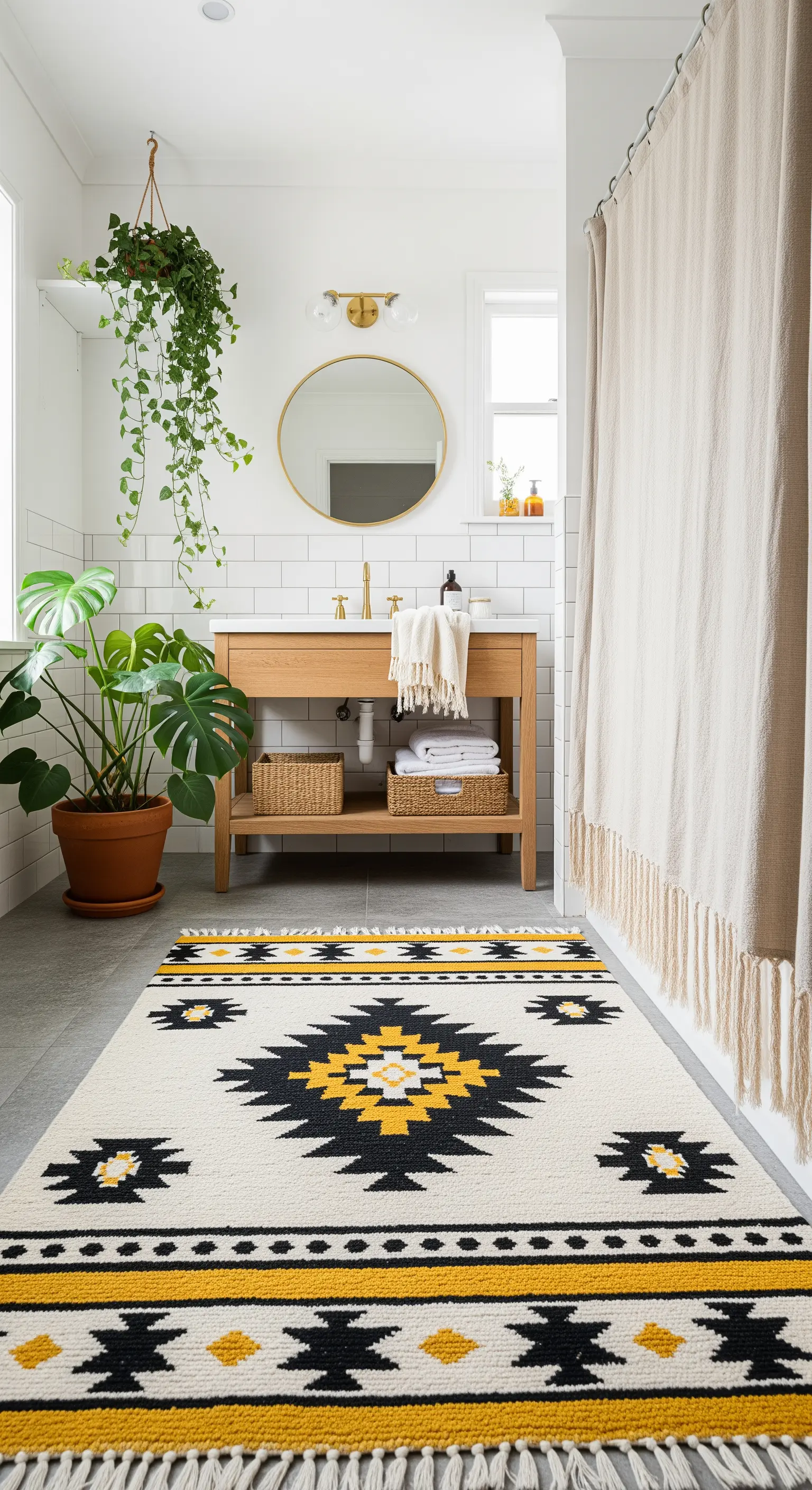 Bagno bianco con tappeto grafico giallo e nero, mobile in legno e dettagli dorati.