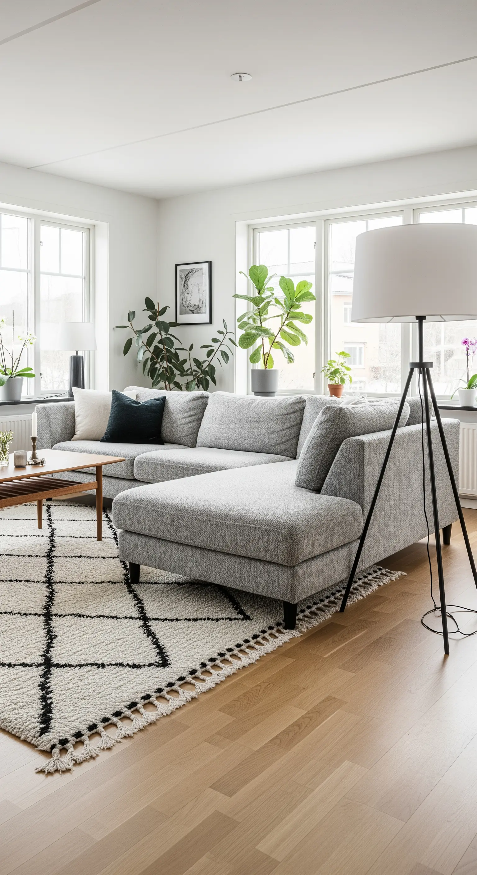 Salotto luminoso con divano a L grigio, tappeto berbero e lampada da terra a treppiede nera.
