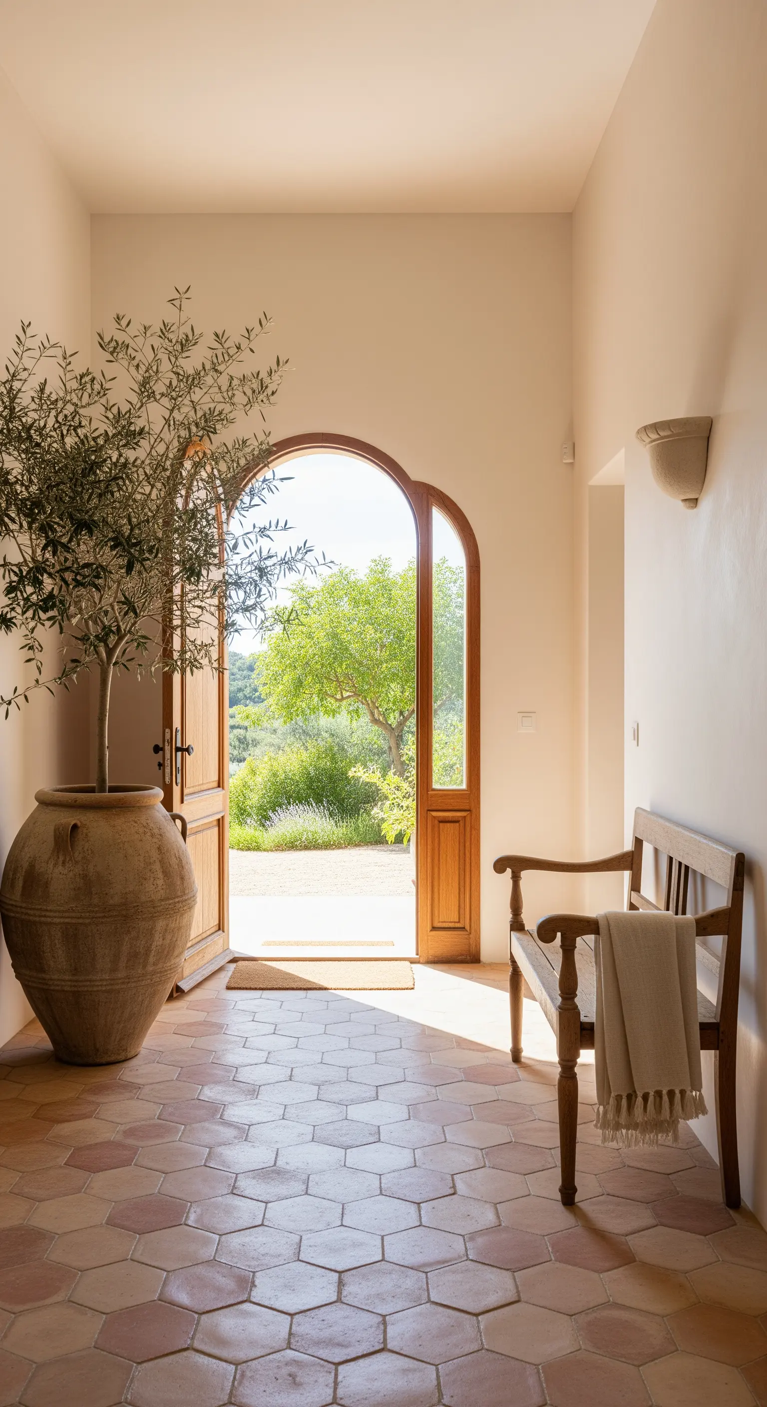 Ingresso luminoso con porta ad arco in legno, vaso in terracotta gigante con ulivo e panca in legno.