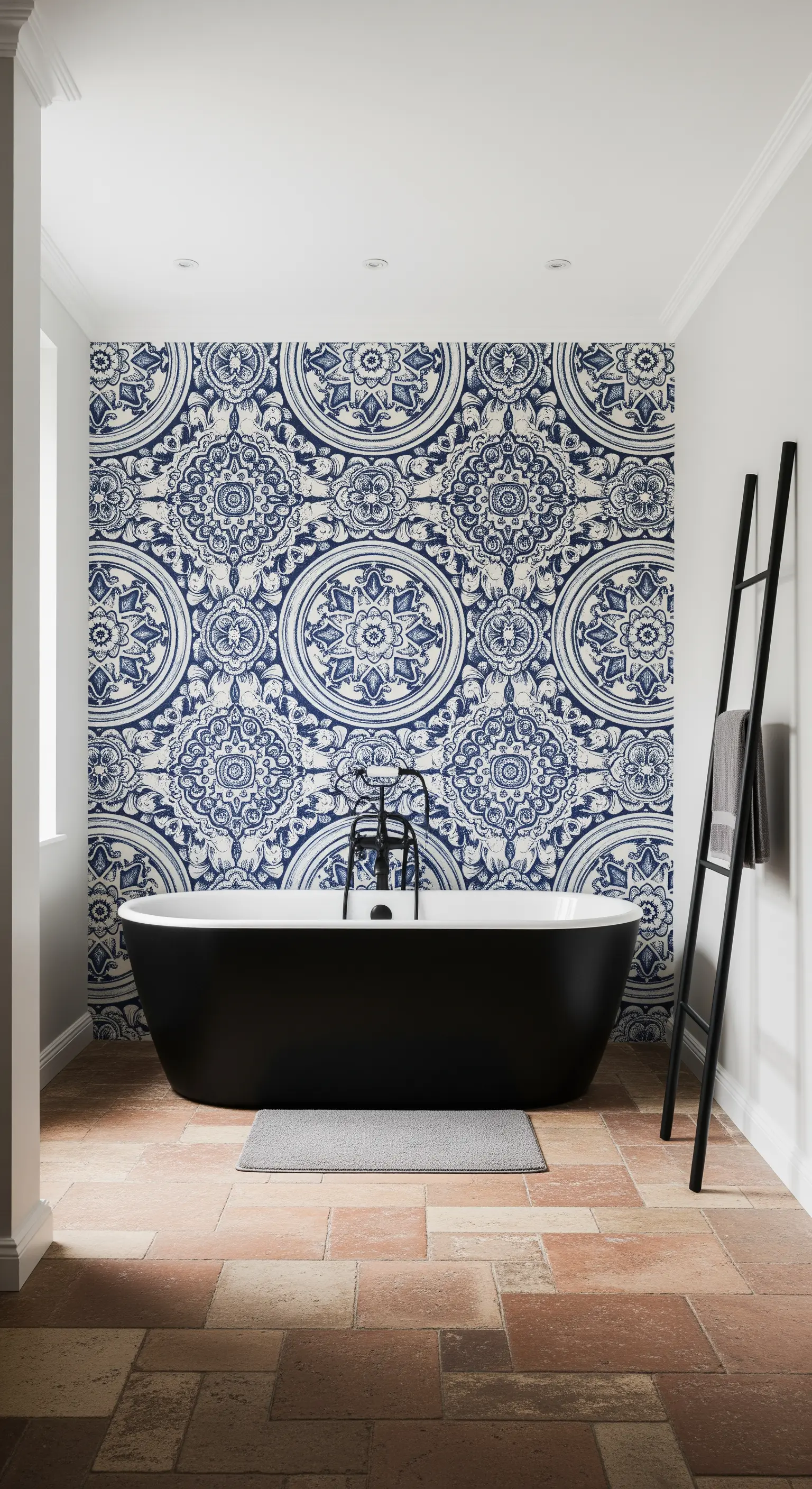 Vasca freestanding nera davanti a una parete interamente rivestita con maioliche blu a grandi motivi.